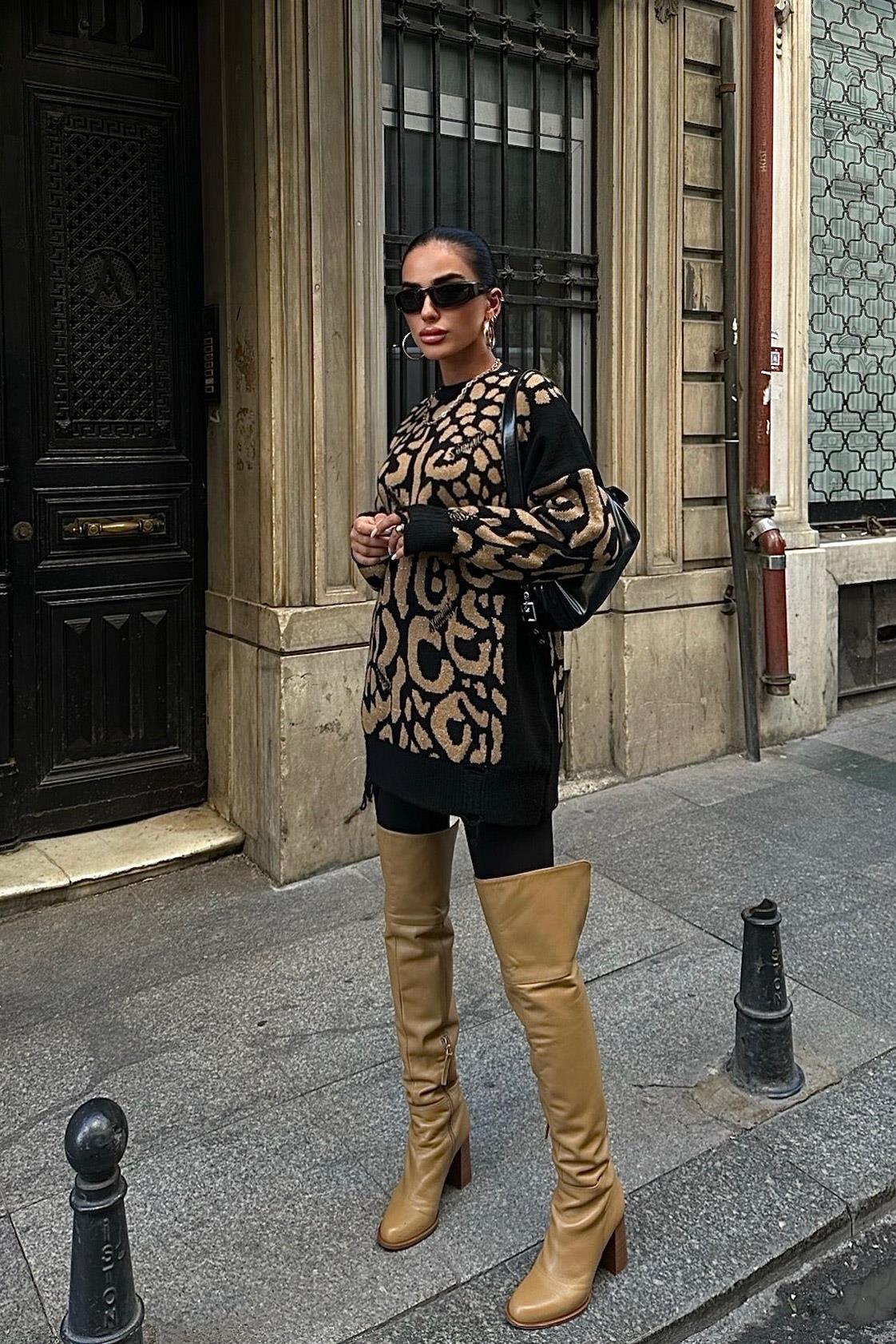 S5K1344Leopard Patterned Ripped Detailed Sweater 1344