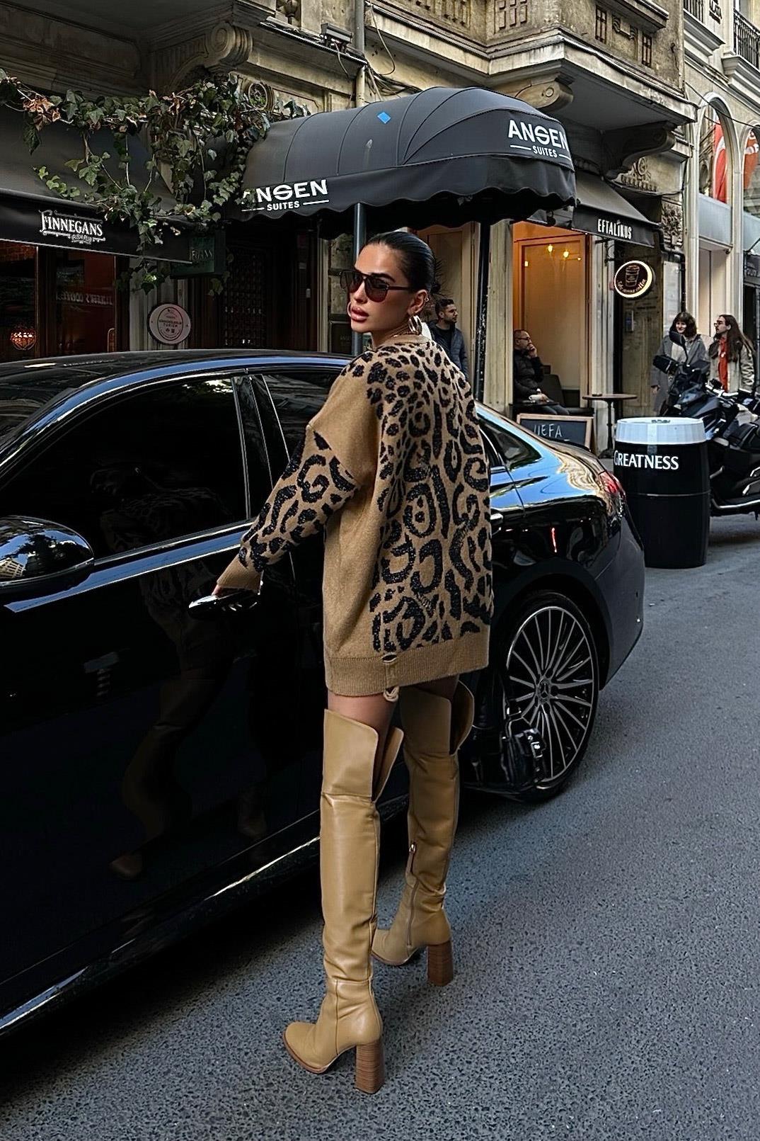 S5K1344Leopar Desenli Yırtık Detaylı Kazak 1344