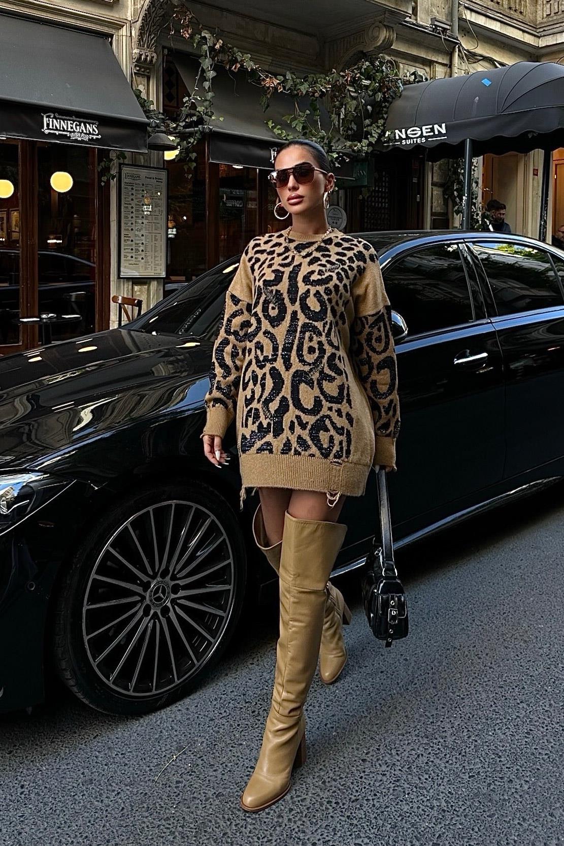 S5K1344Leopar Desenli Yırtık Detaylı Kazak 1344