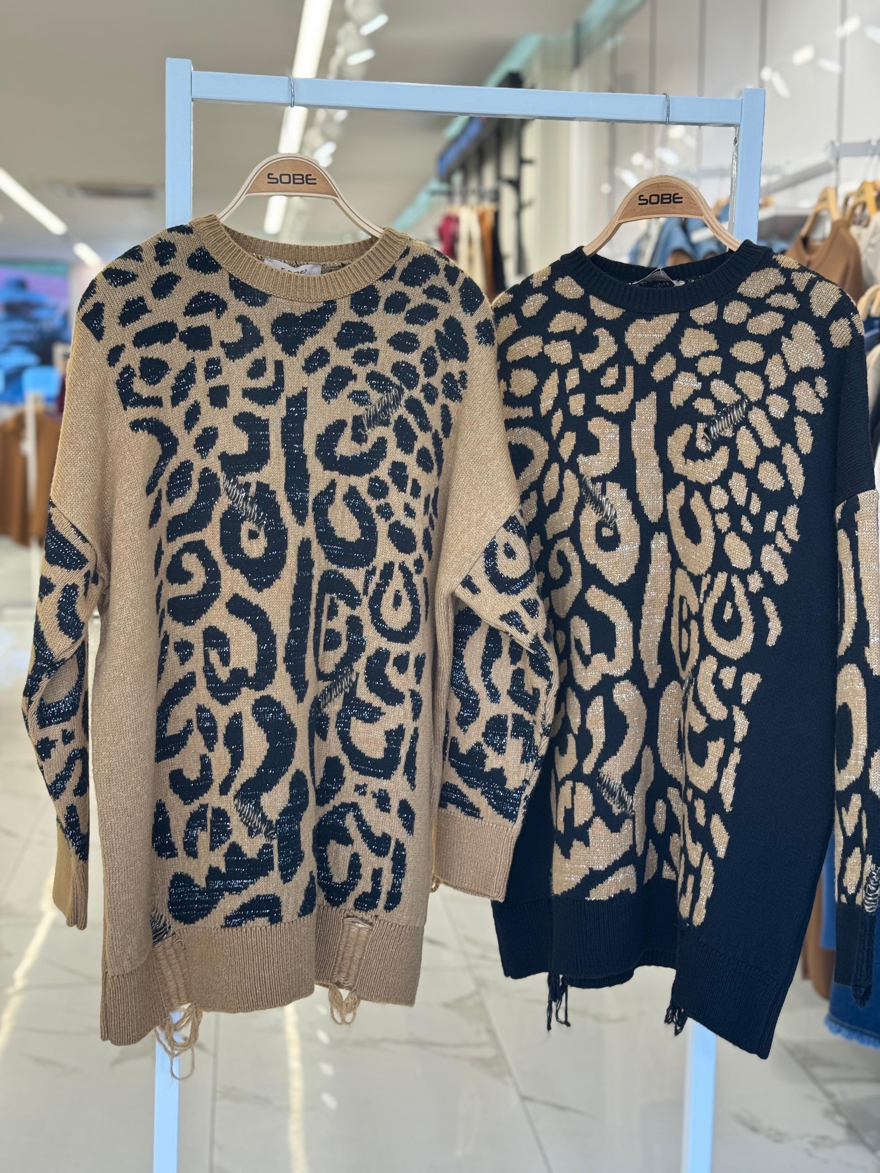 S5K1344Leopard Patterned Ripped Detailed Sweater 1344