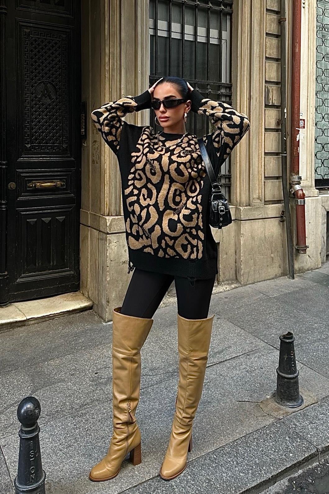 S5K1344Leopard Patterned Ripped Detailed Sweater 1344