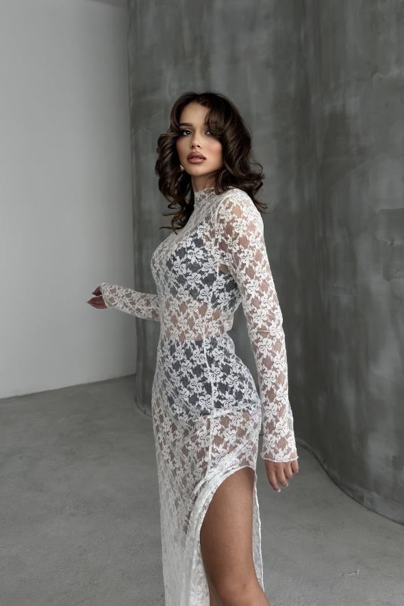 S4Y2735Lilie Dantelli Yırtmaç Detay Elbise 2735-8