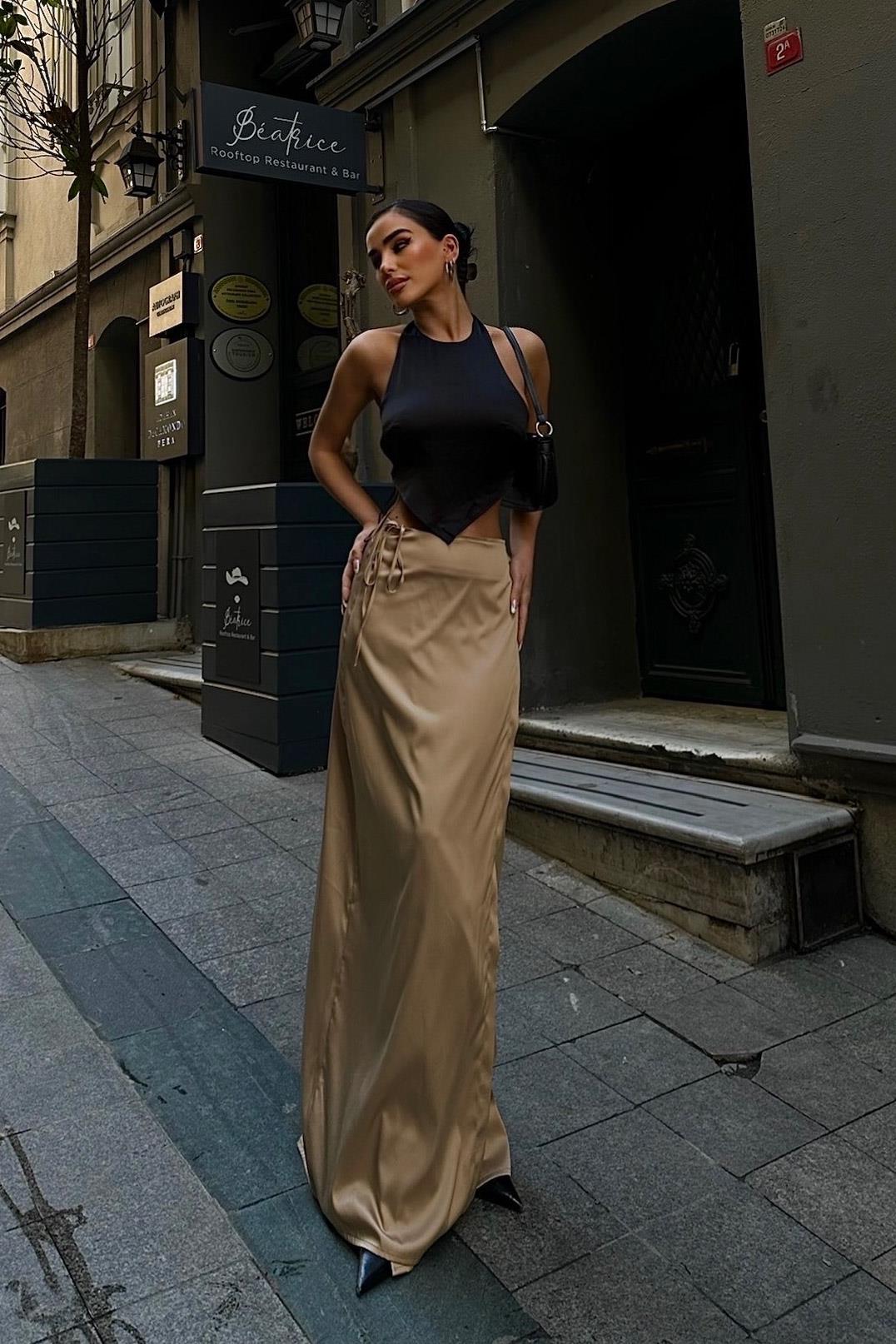 S4Y4035Lisa Yandan Bağlamalı Saten Etek 4035-08