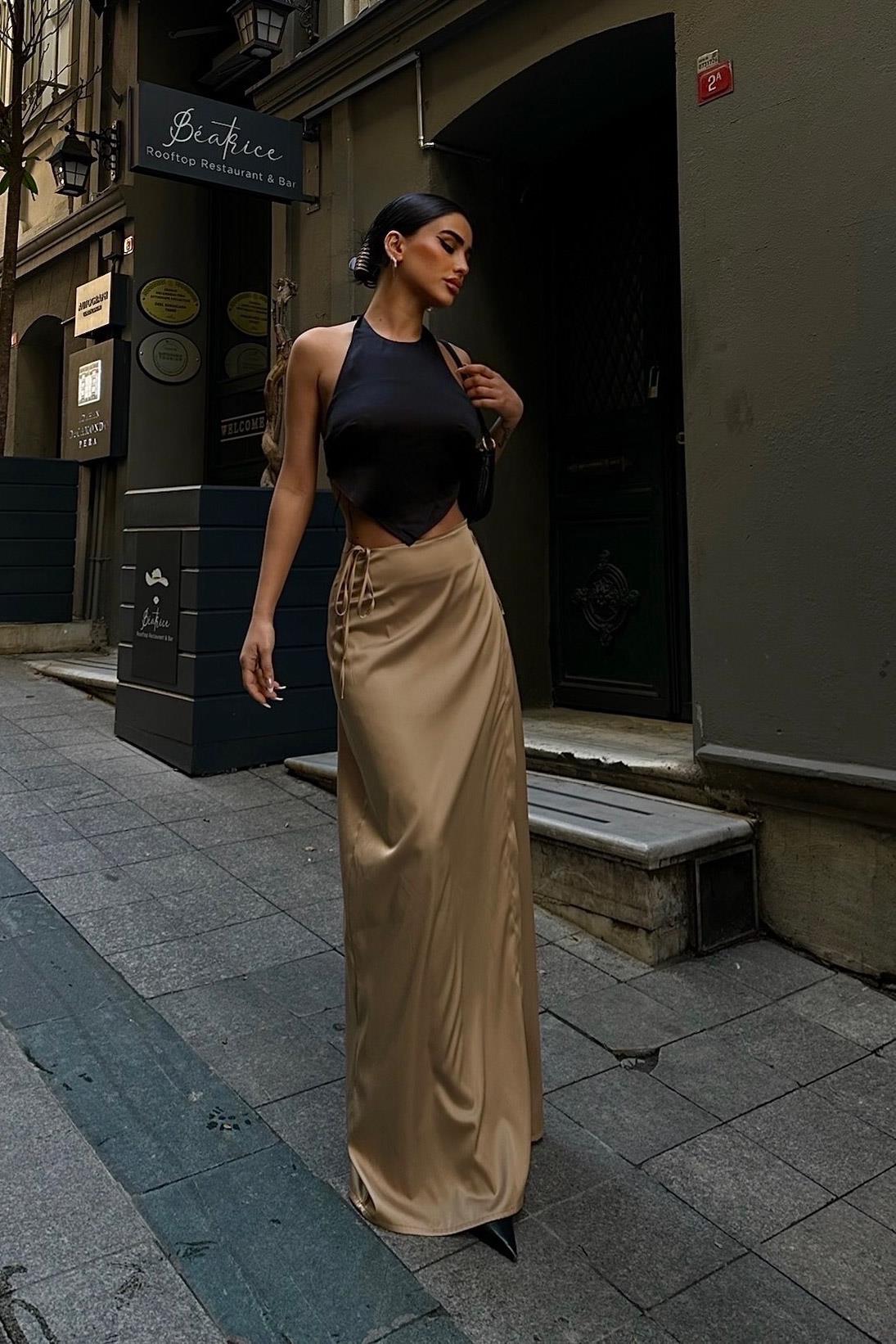 S4Y4035Lisa Yandan Bağlamalı Saten Etek 4035-08
