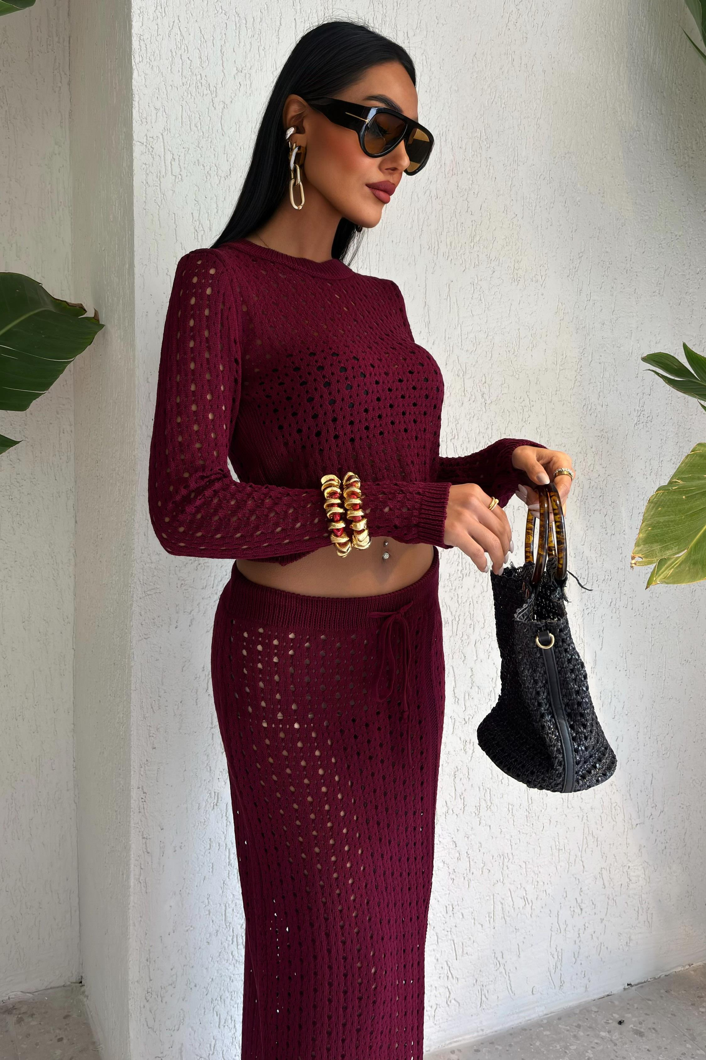 S5K9882Macey Kroşe Crop Takım 9882