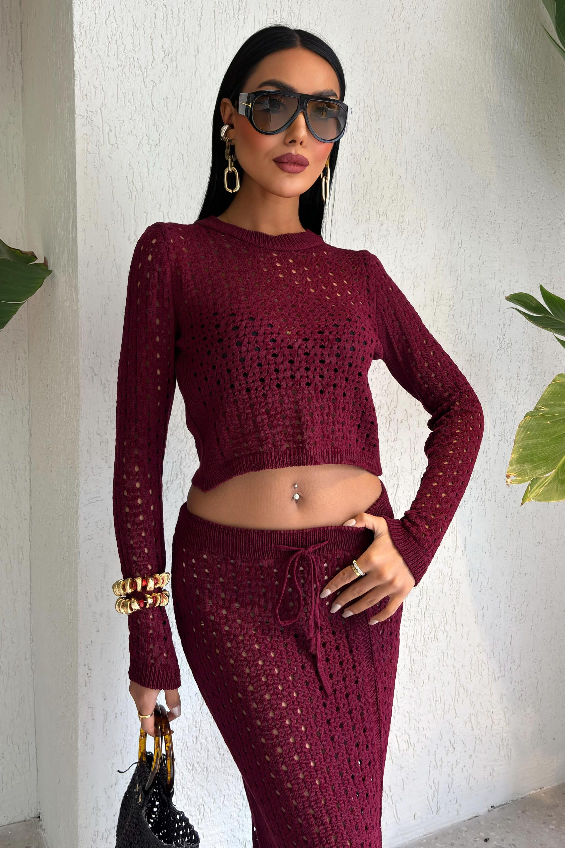 S5K9882Macey Kroşe Crop Takım 9882