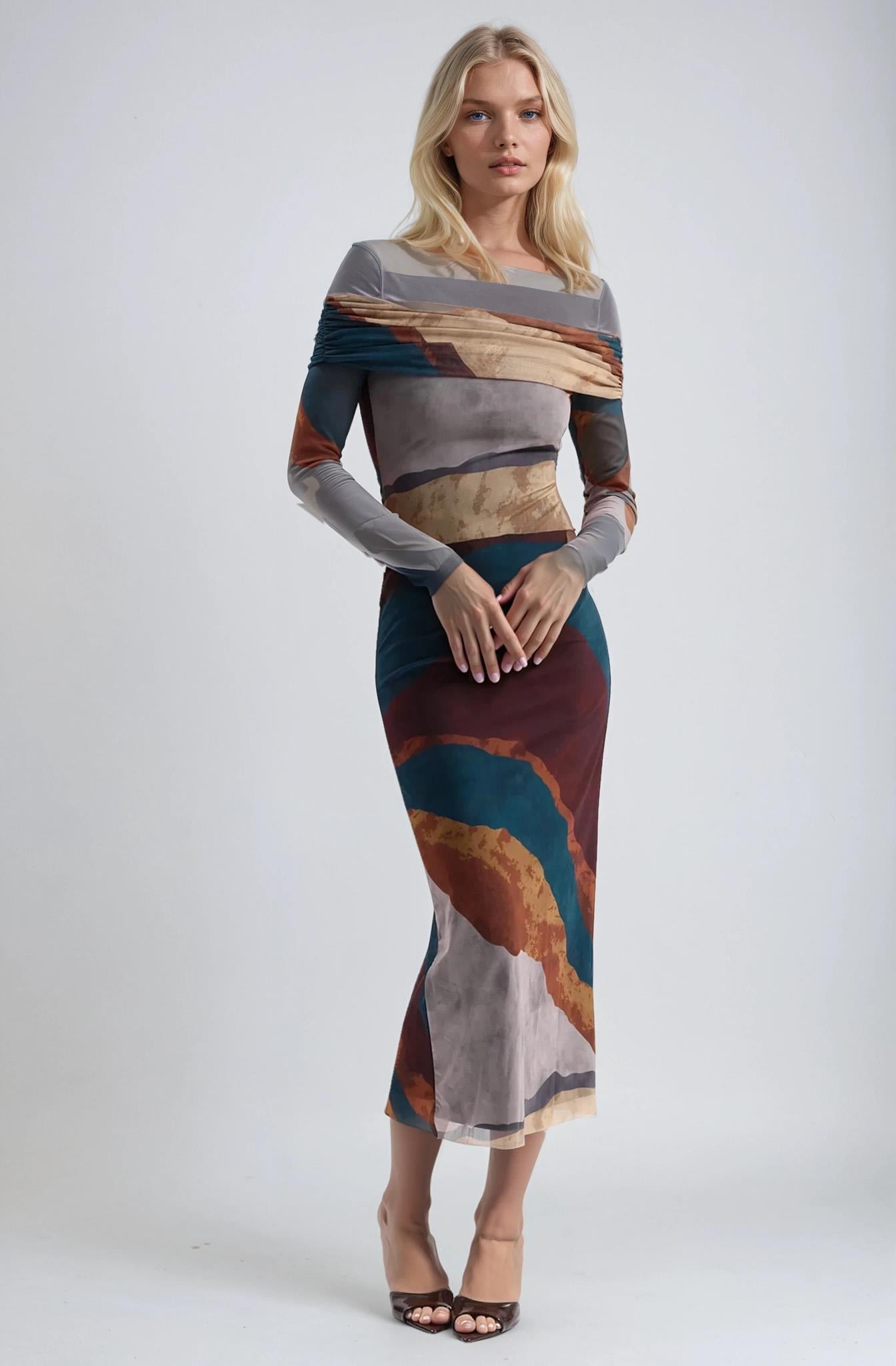 S6K2978ETMadonna Yaka Astarlı Batik Desen Tül Elbise 2978
