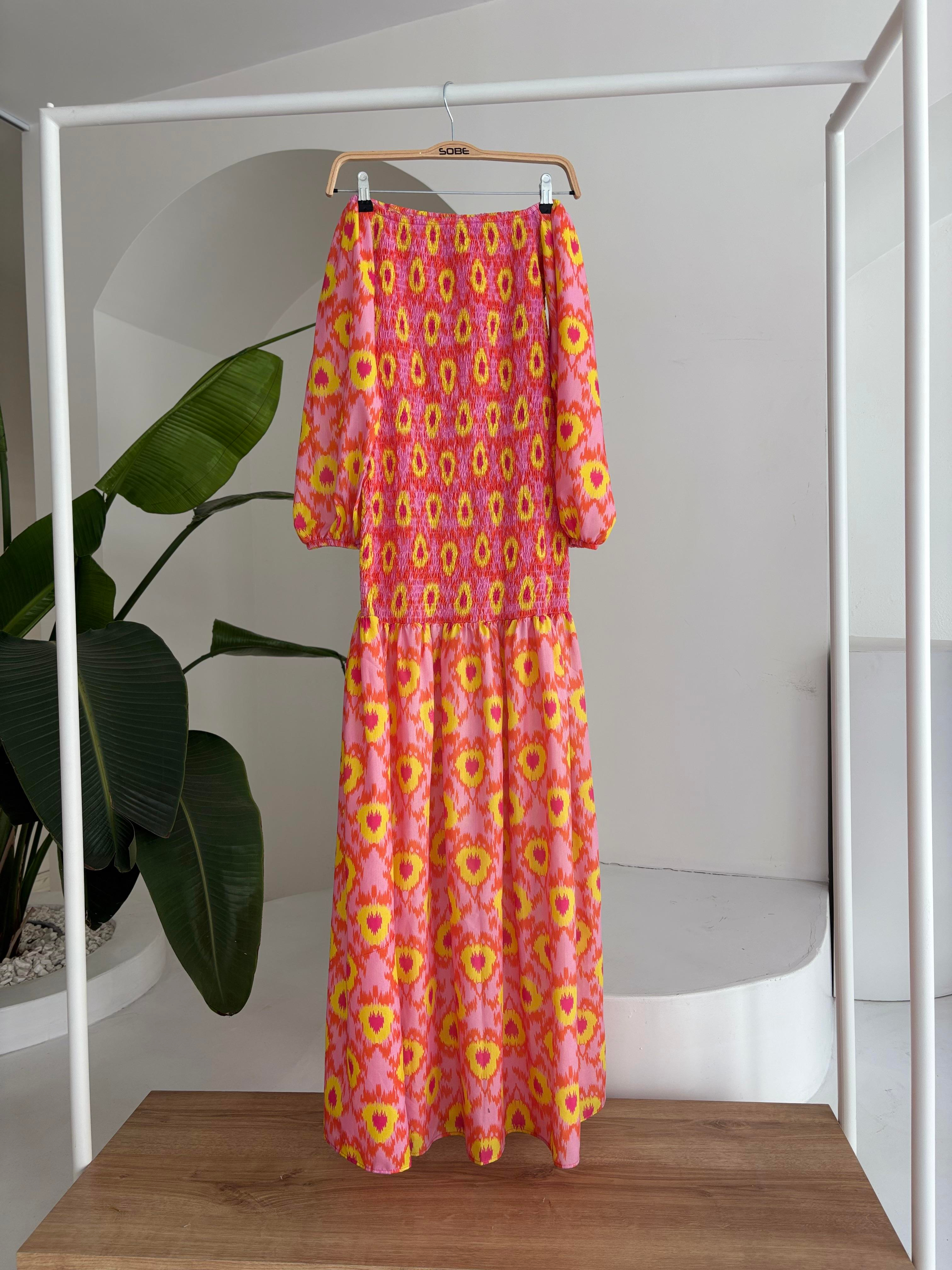 S5Y2746Madonna Yaka Gipe Detaylı Desenli Elbise 2746