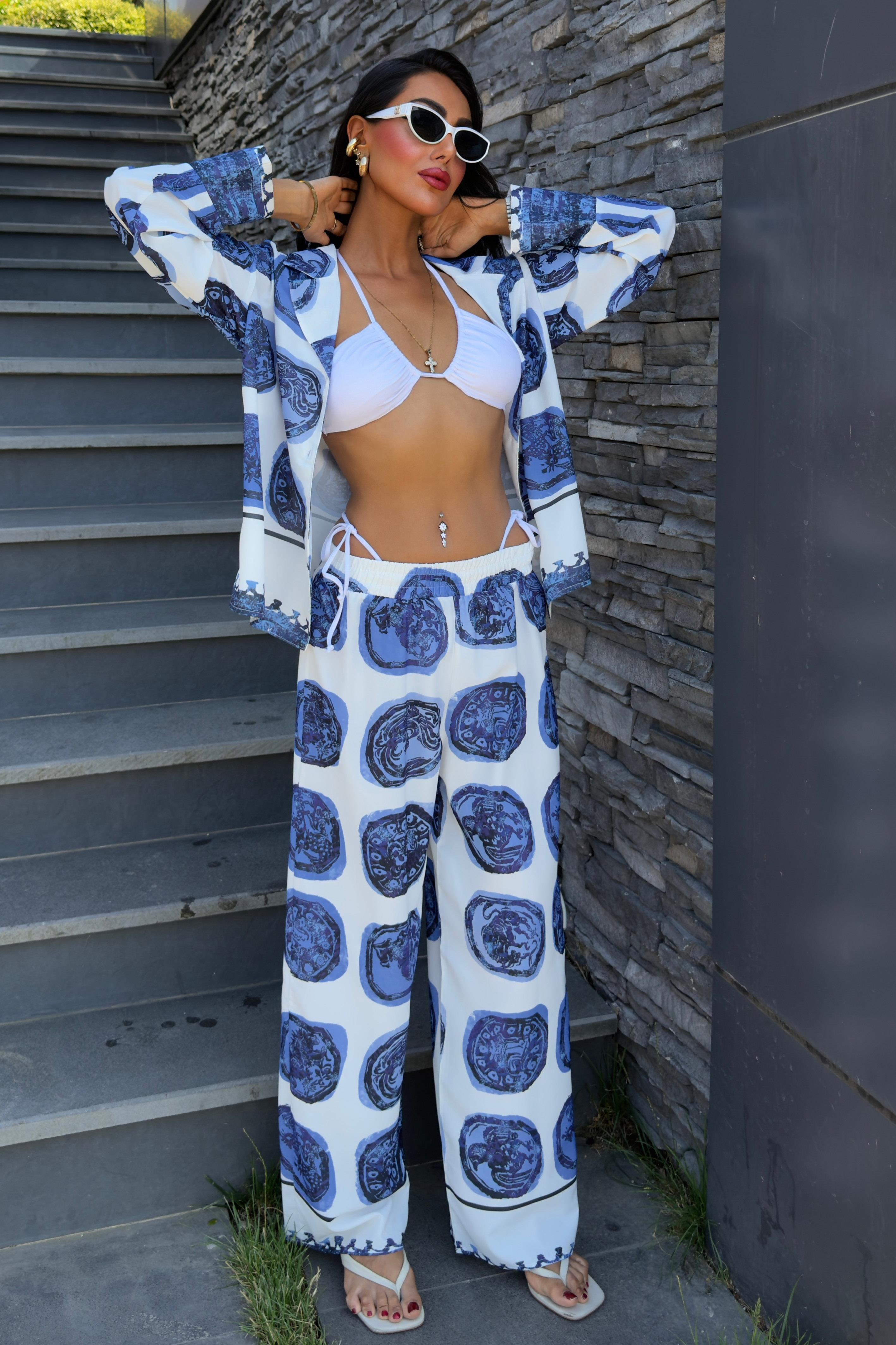 S5Y10069Blue Patterned Casual Satin Suit 10069