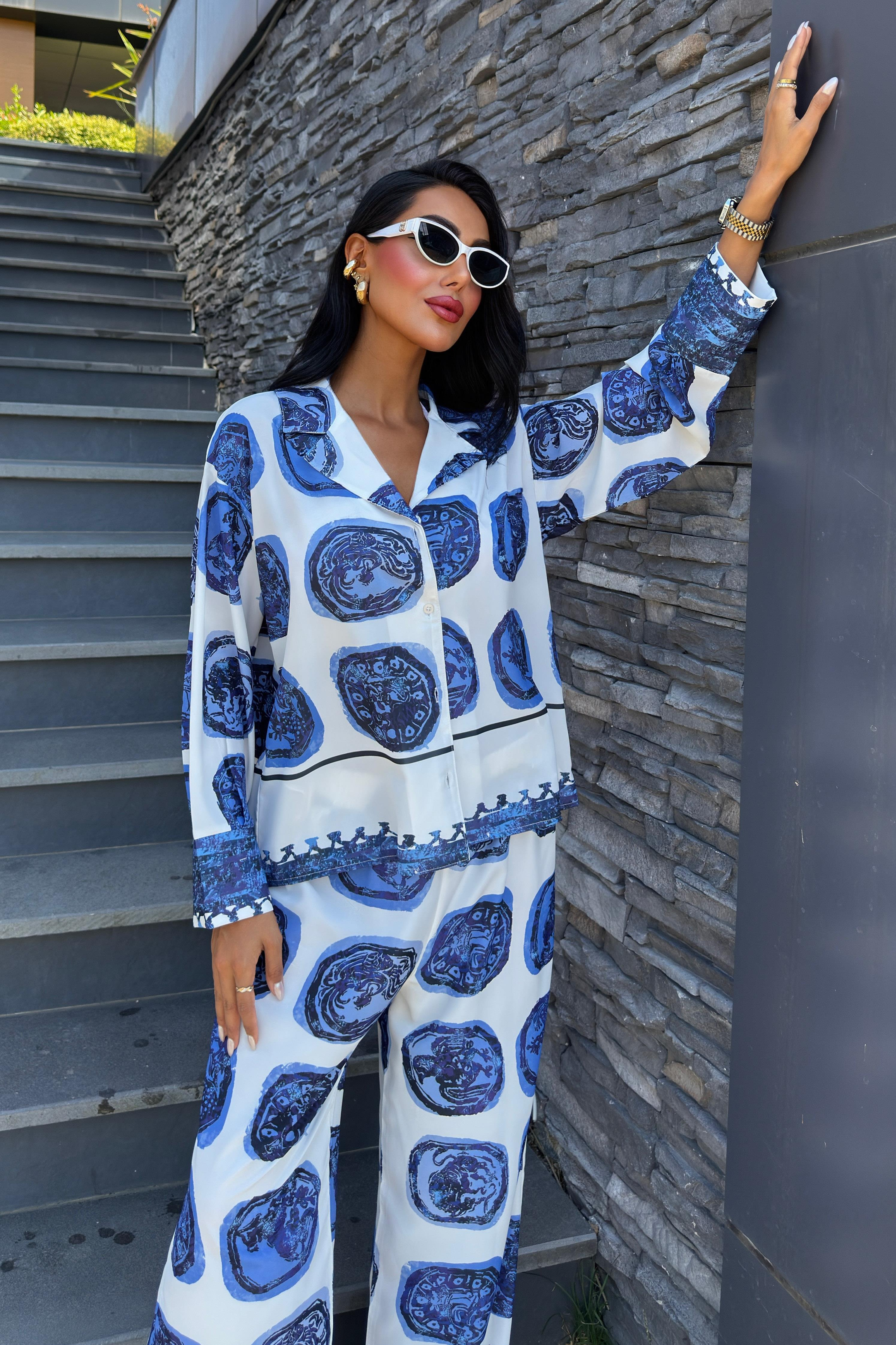 S5Y10069Blue Patterned Casual Satin Suit 10069