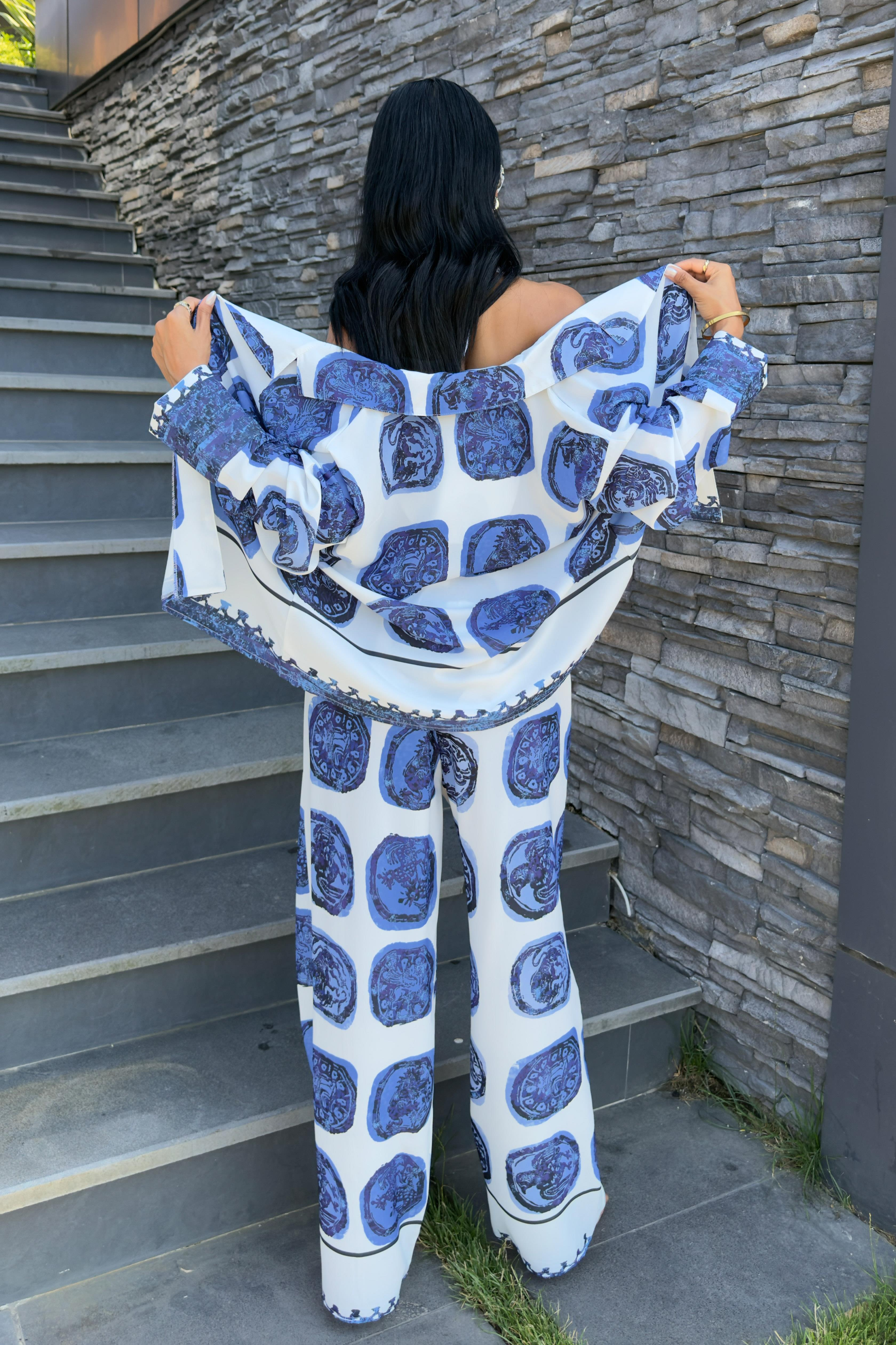 S5Y10069Blue Patterned Casual Satin Suit 10069