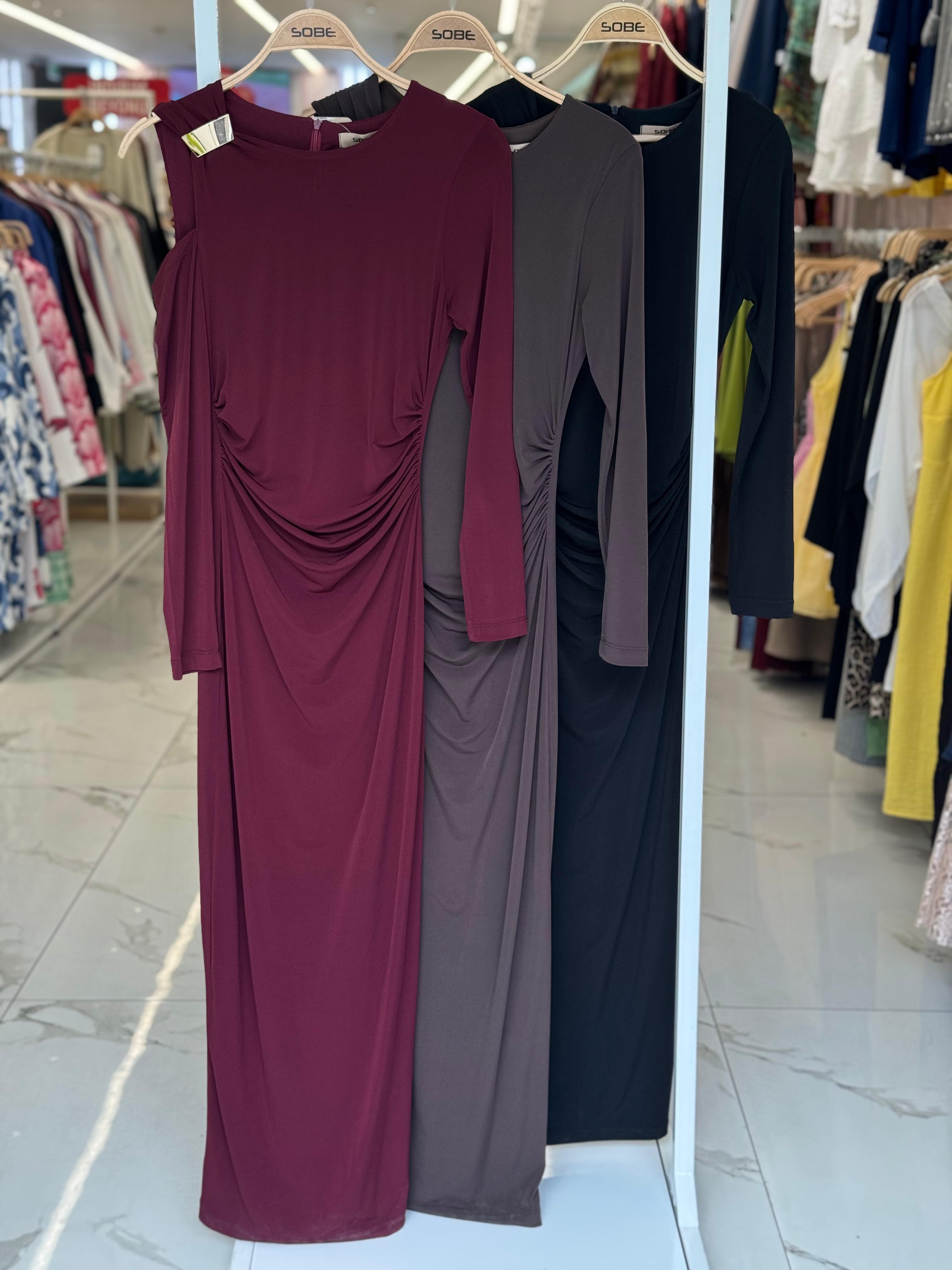 S6K2912Omuz Aksesuarlı ve Dekolteli Drape Elbise 2912