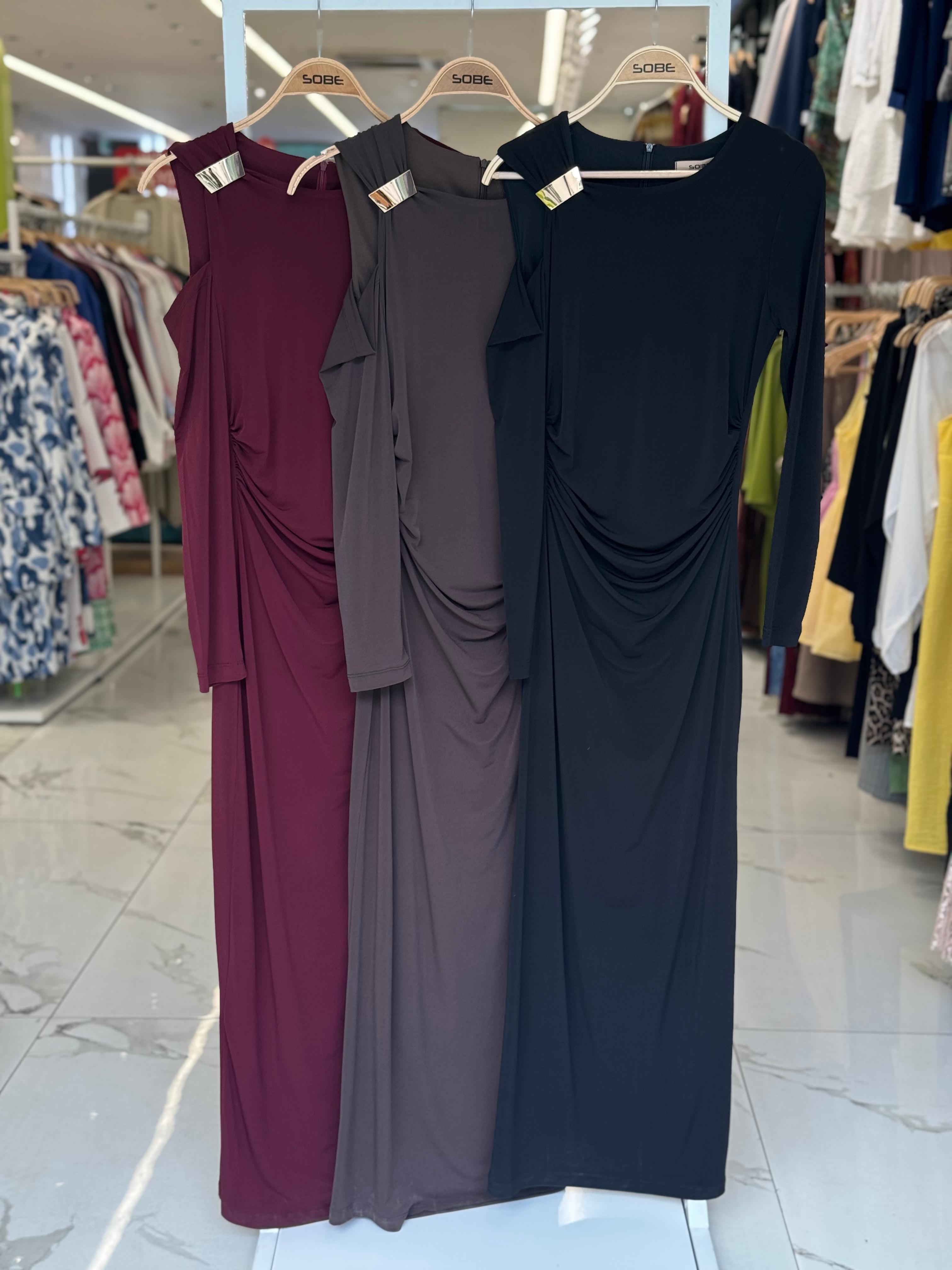S6K2912Omuz Aksesuarlı ve Dekolteli Drape Elbise 2912