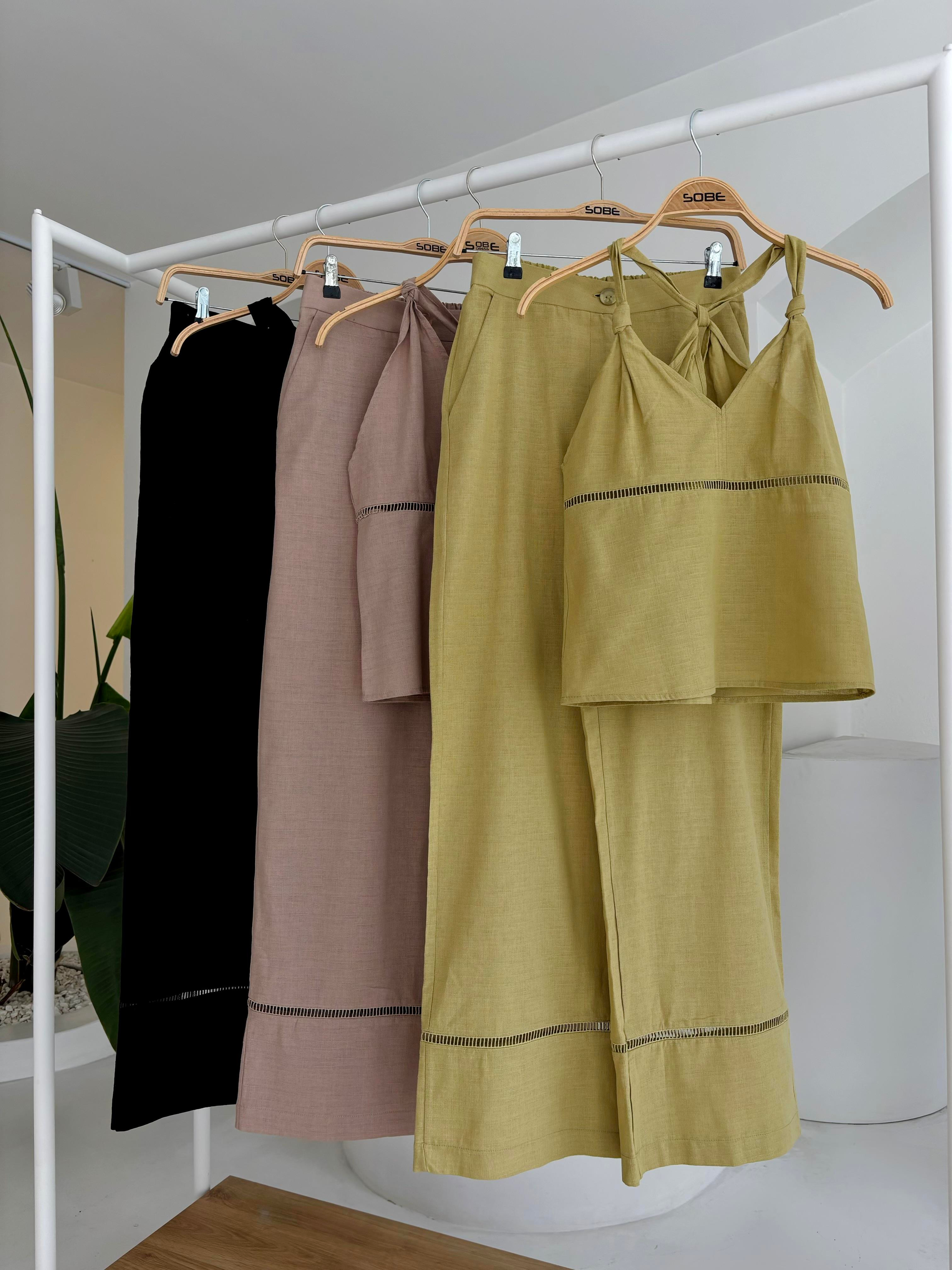 S5Y10154Linen Suit with Knotted Shoulders and Brode Detail 10154
