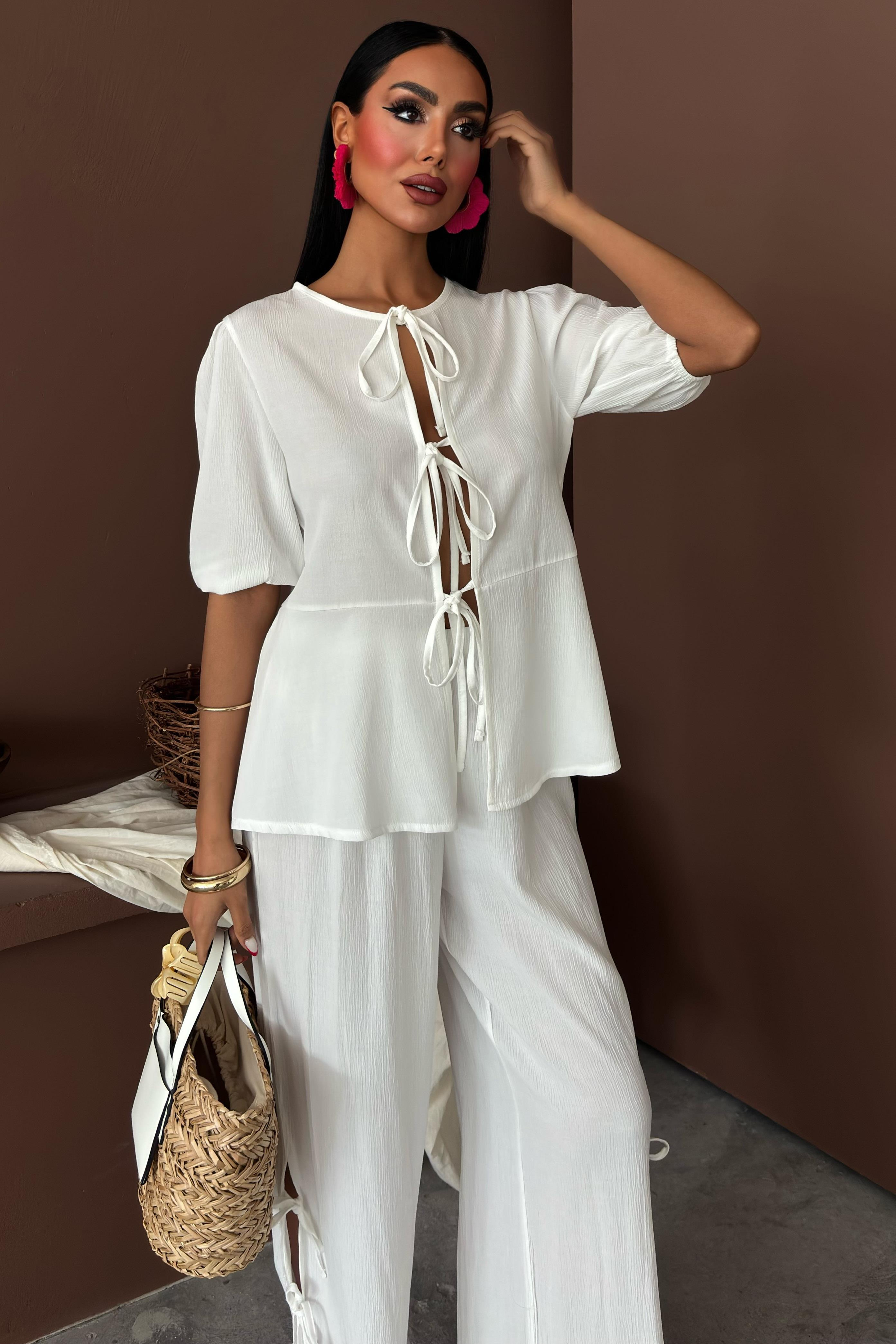 S5Y10183Lace-up Front Slit Hem Crinkle Casual Suit 10183