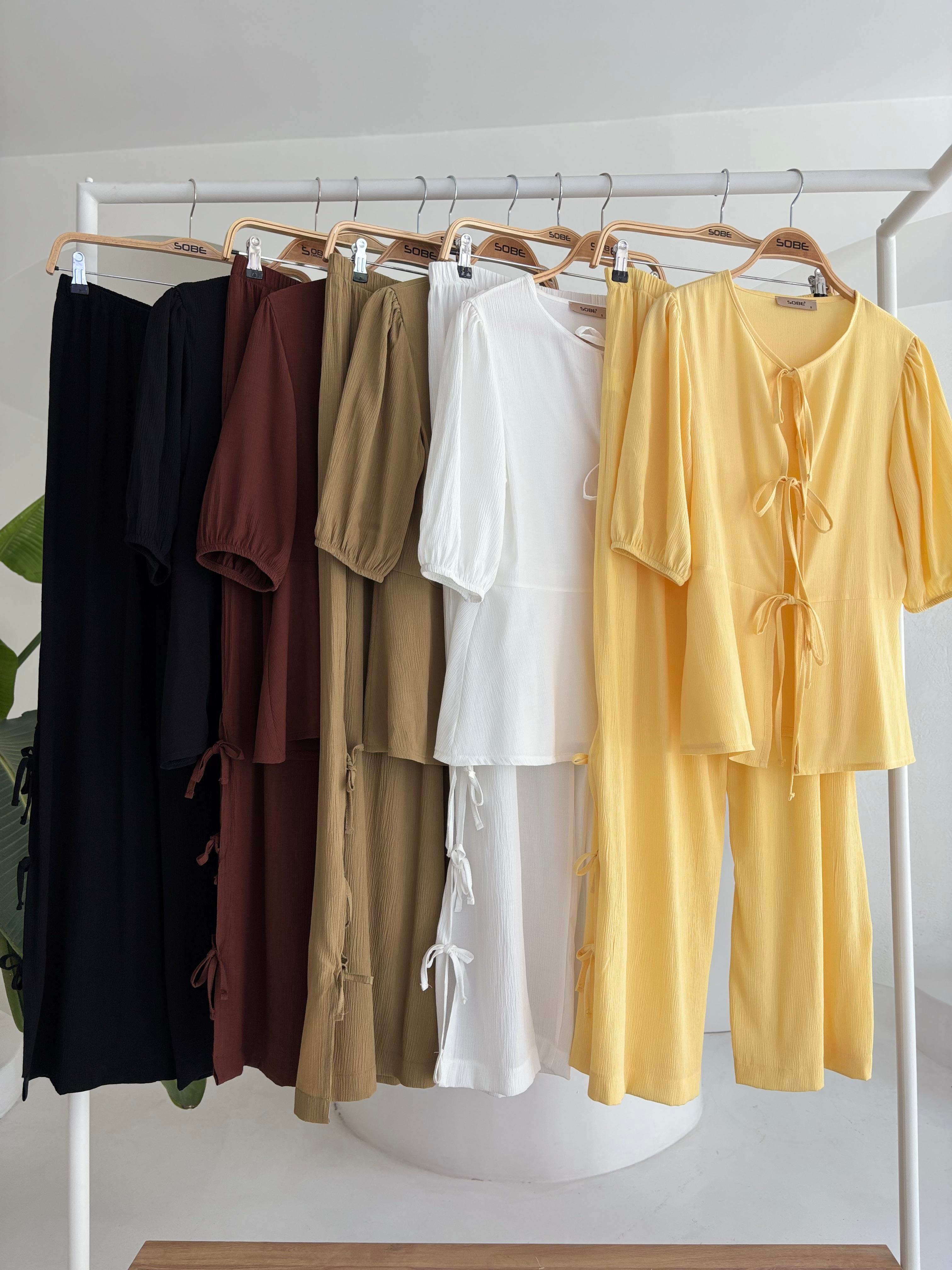 S5Y10183Lace-up Front Slit Hem Crinkle Casual Suit 10183