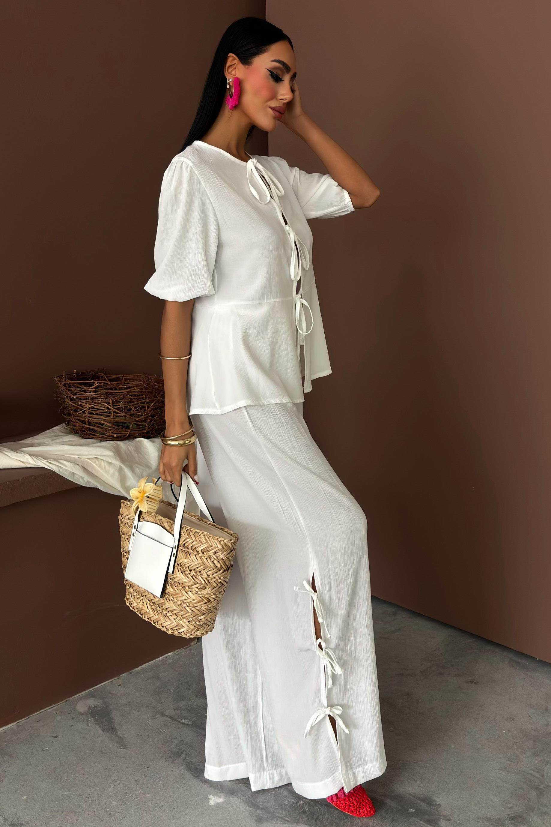 S5Y10183Lace-up Front Slit Hem Crinkle Casual Suit 10183