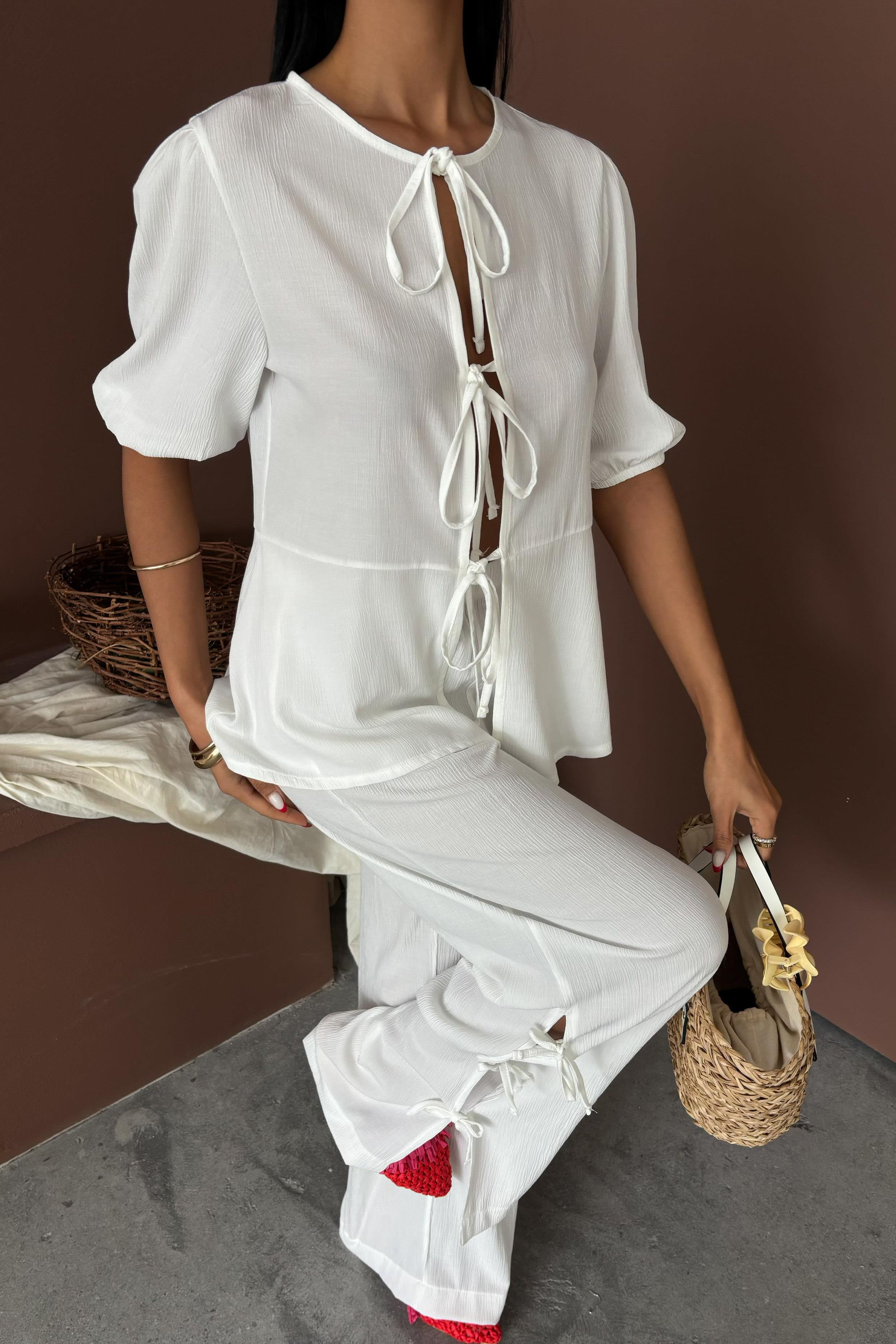 S5Y10183Lace-up Front Slit Hem Crinkle Casual Suit 10183