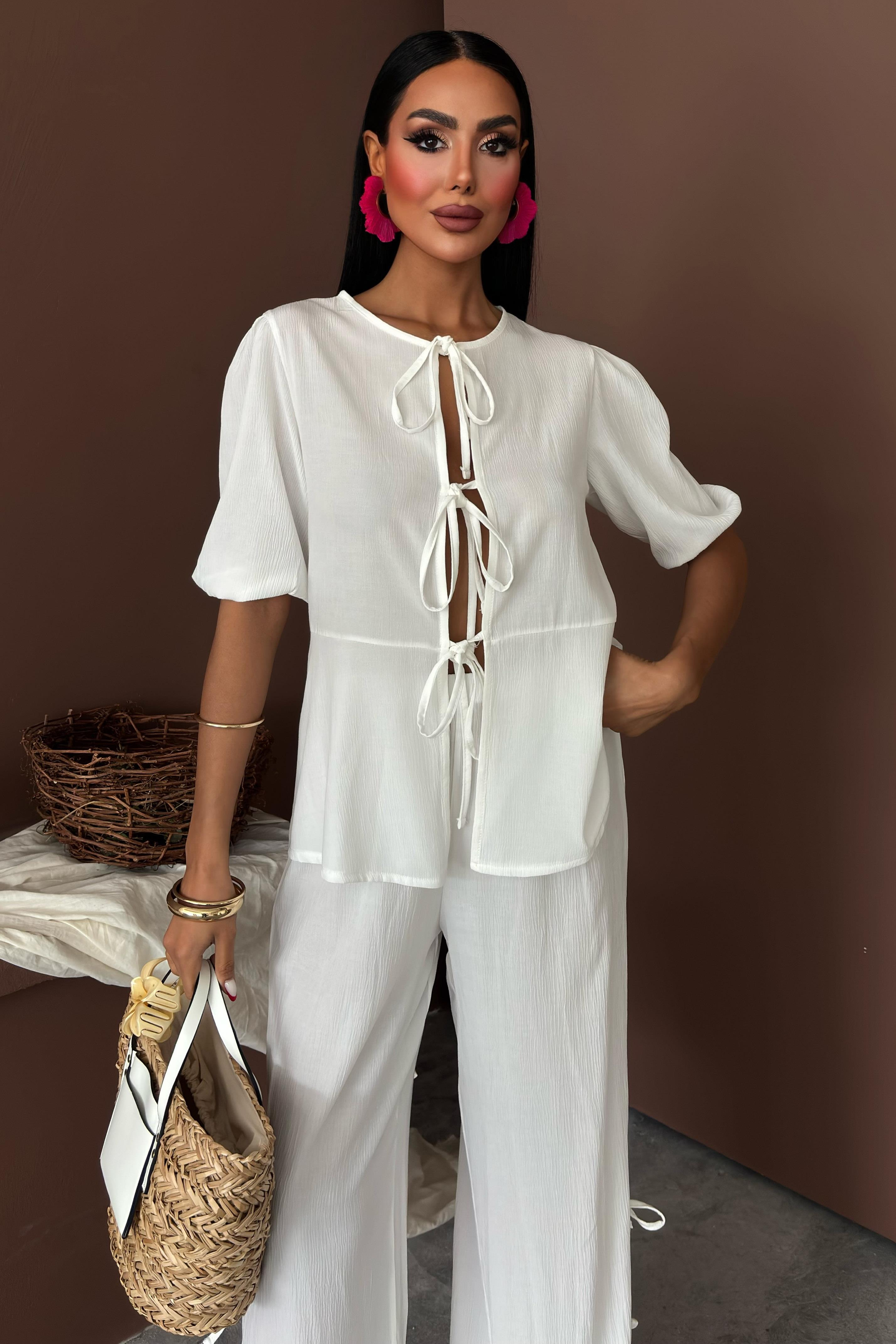 S5Y10183Lace-up Front Slit Hem Crinkle Casual Suit 10183