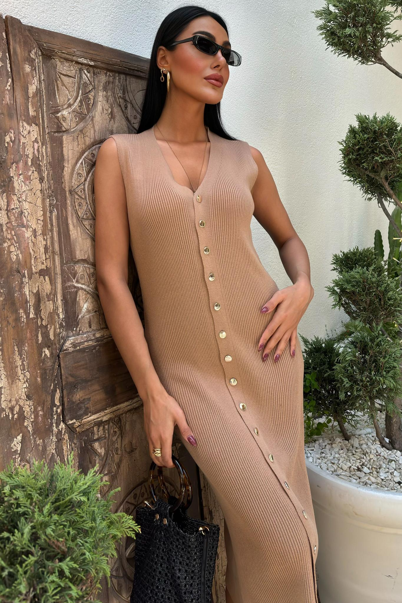 S5Y2832Önü Düğmeli Fitilli Kolsuz Elbise 2832