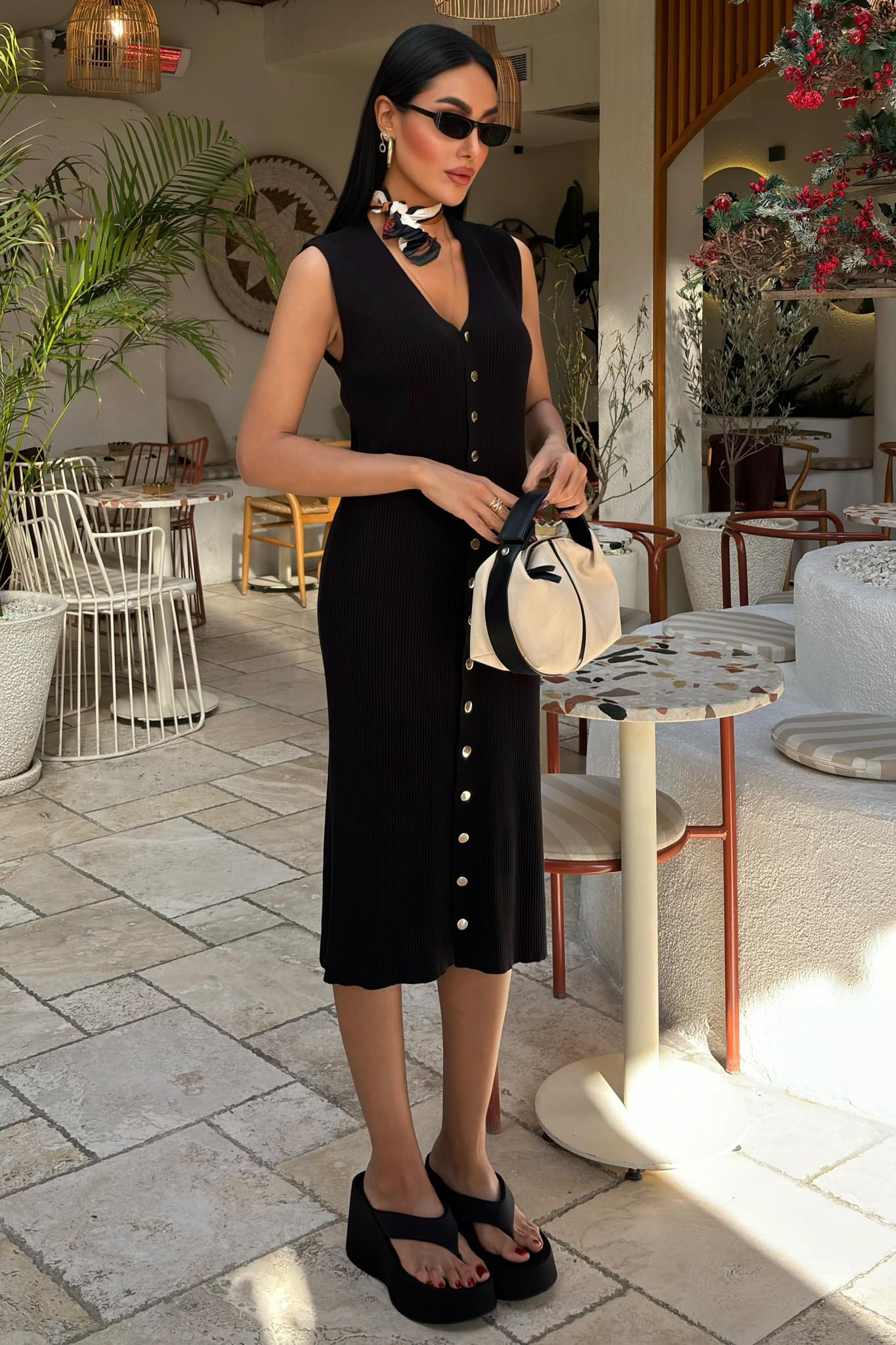 S5Y2832Önü Düğmeli Fitilli Kolsuz Elbise 2832