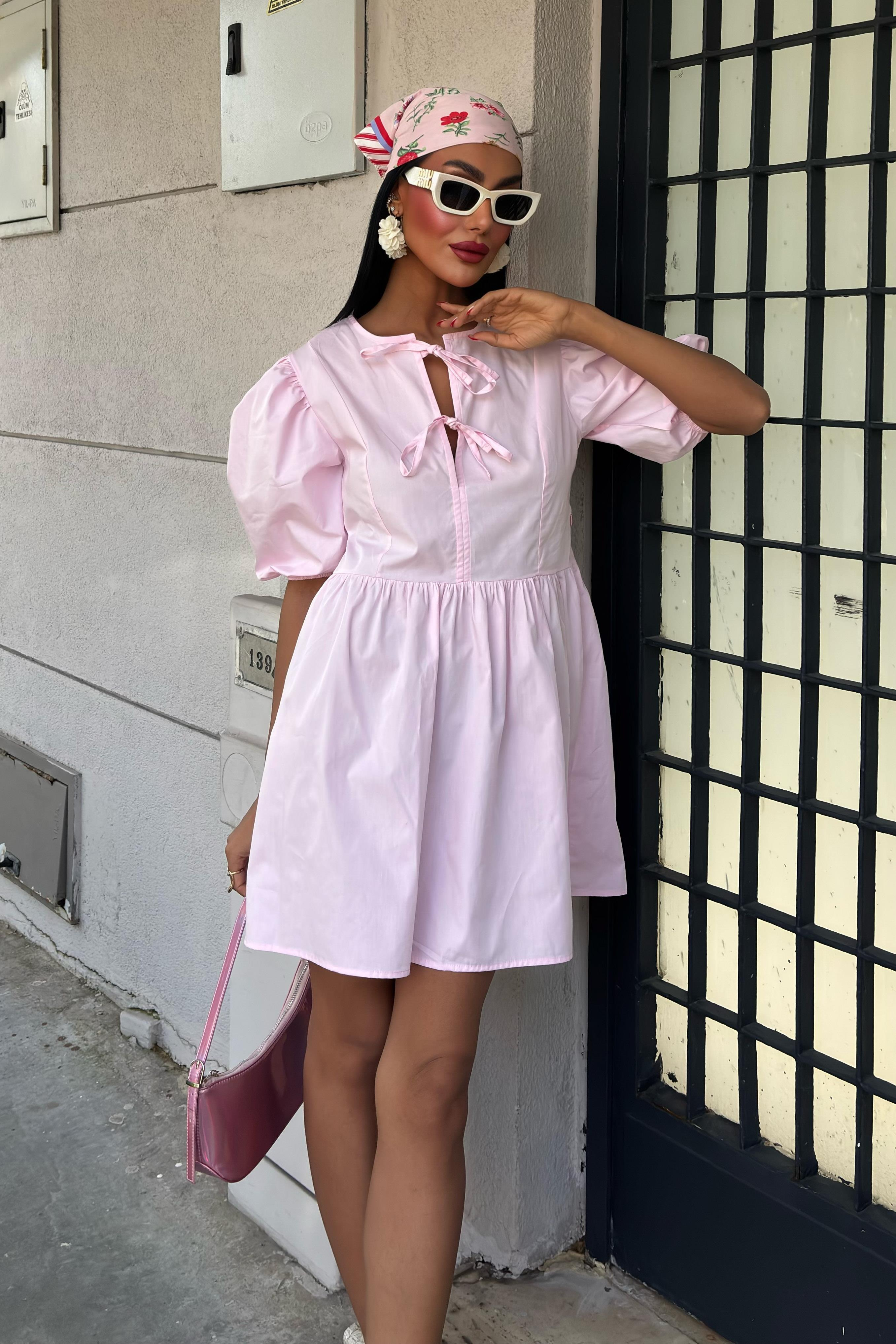 S5Y2893Front Bow Tie and Balloon Sleeve Dress 2893
