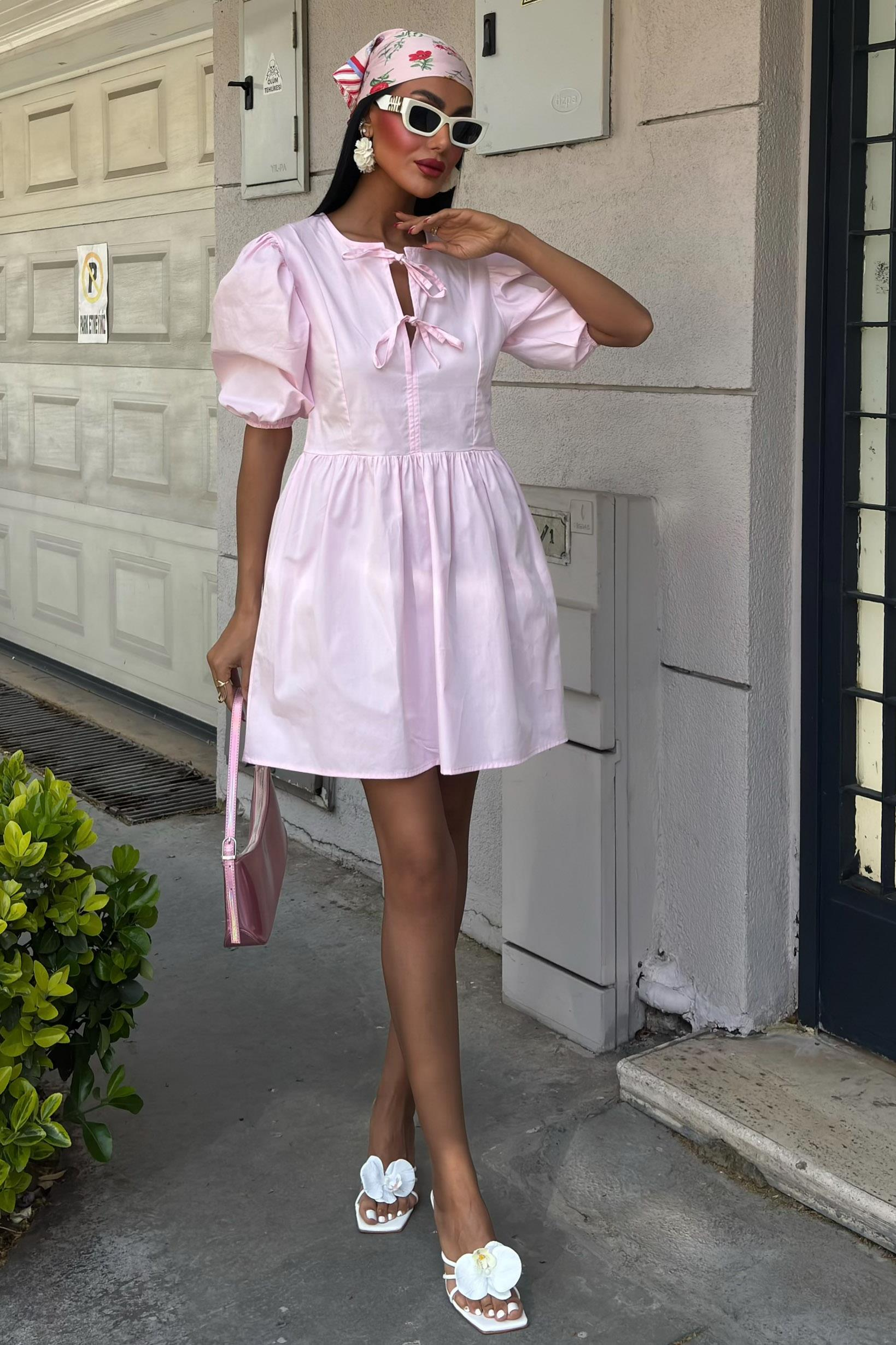 S5Y2893Front Bow Tie and Balloon Sleeve Dress 2893