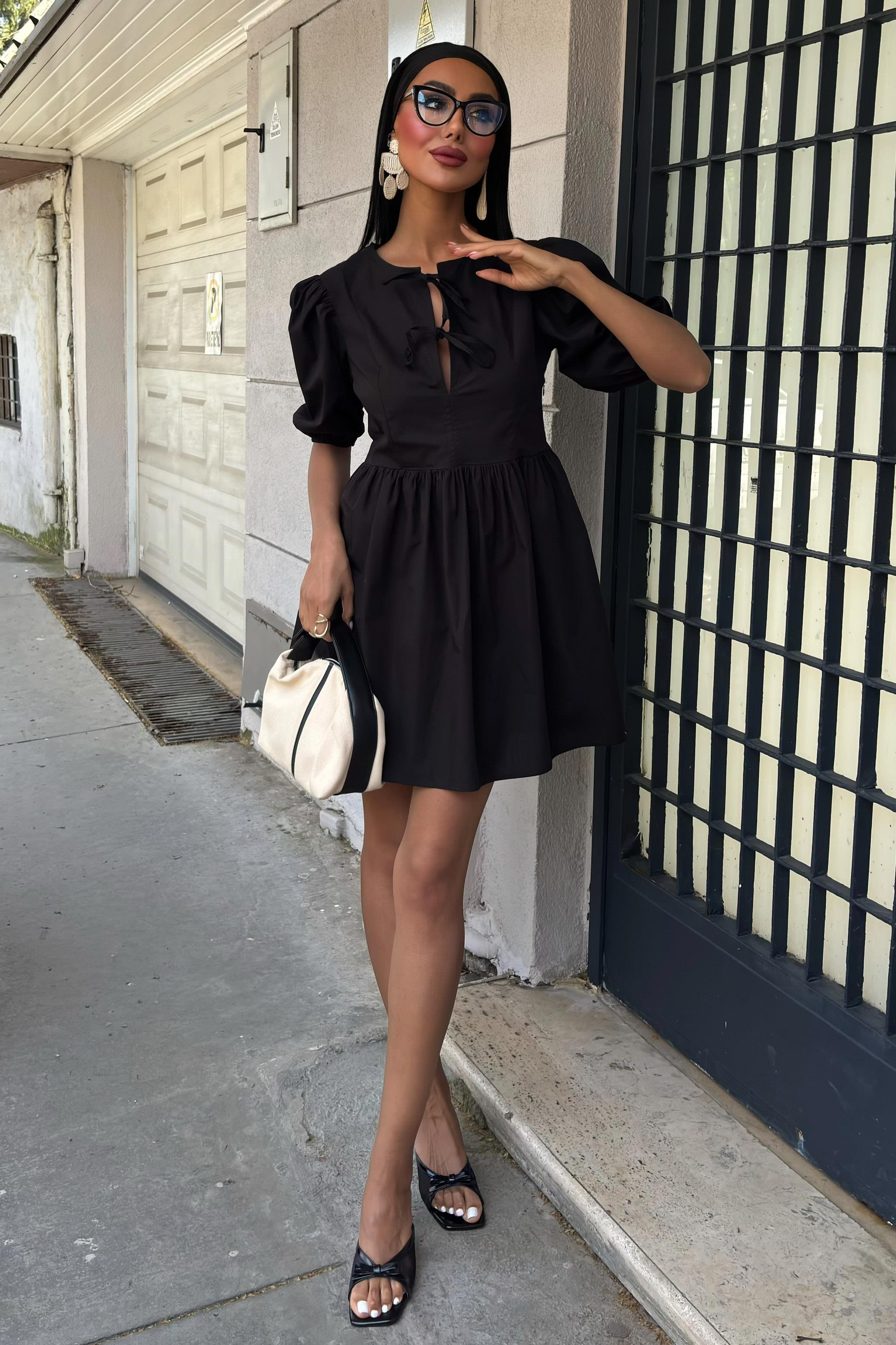 S5Y2893Front Bow Tie and Balloon Sleeve Dress 2893