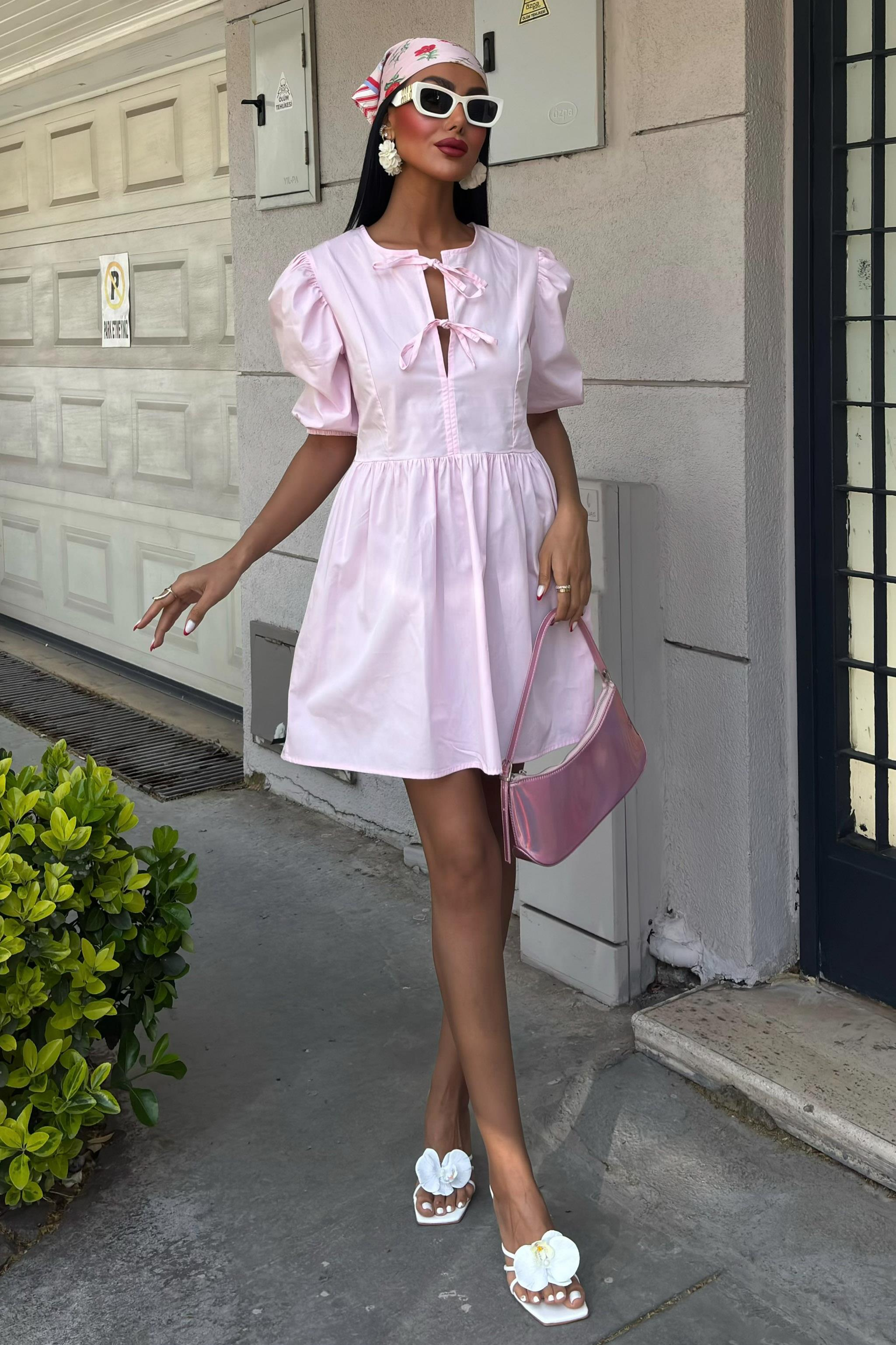 S5Y2893Front Bow Tie and Balloon Sleeve Dress 2893