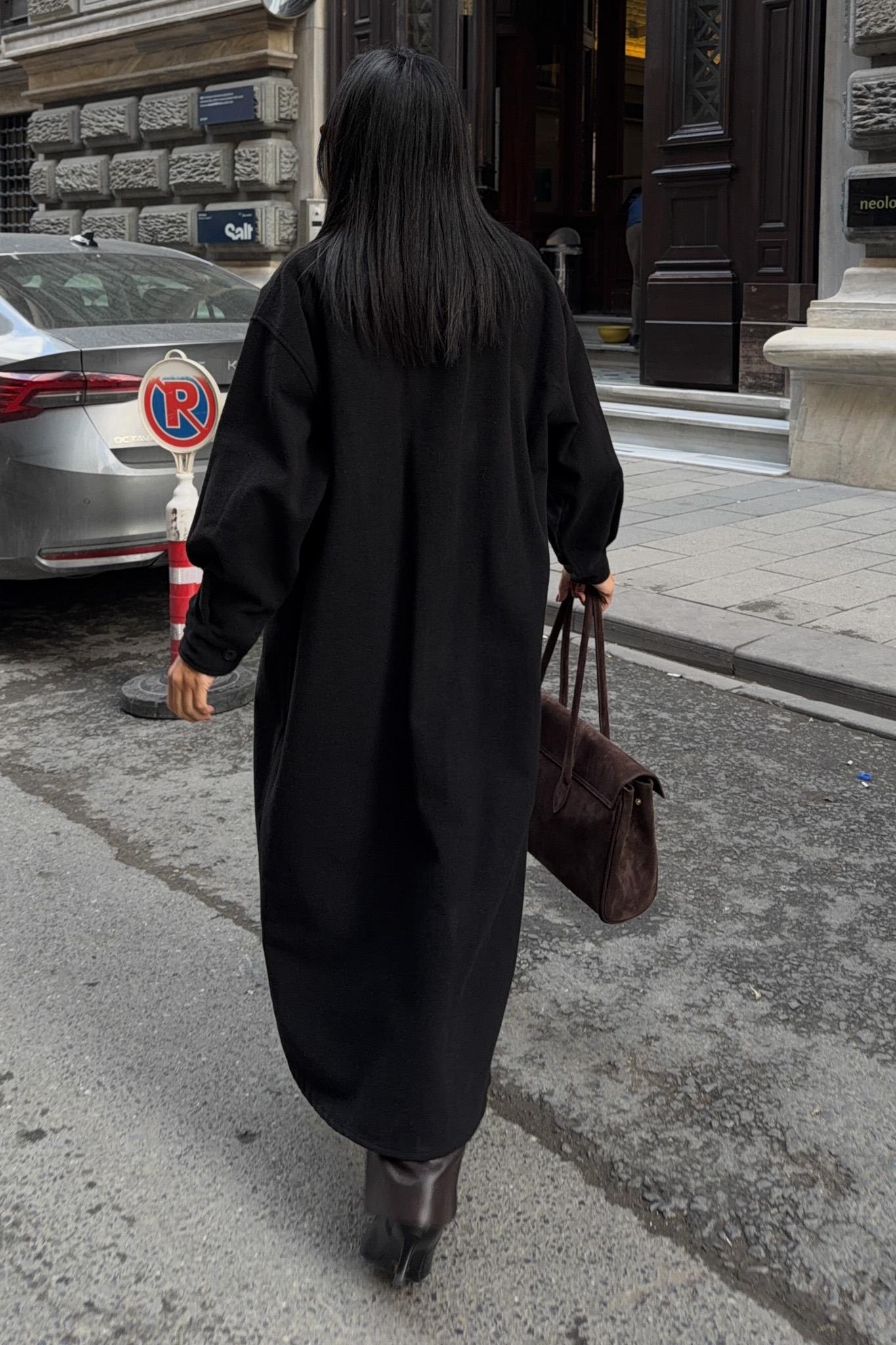 S6K7131CROversize Cepli Düğmeli Uzun Kaşe Kaban 7131