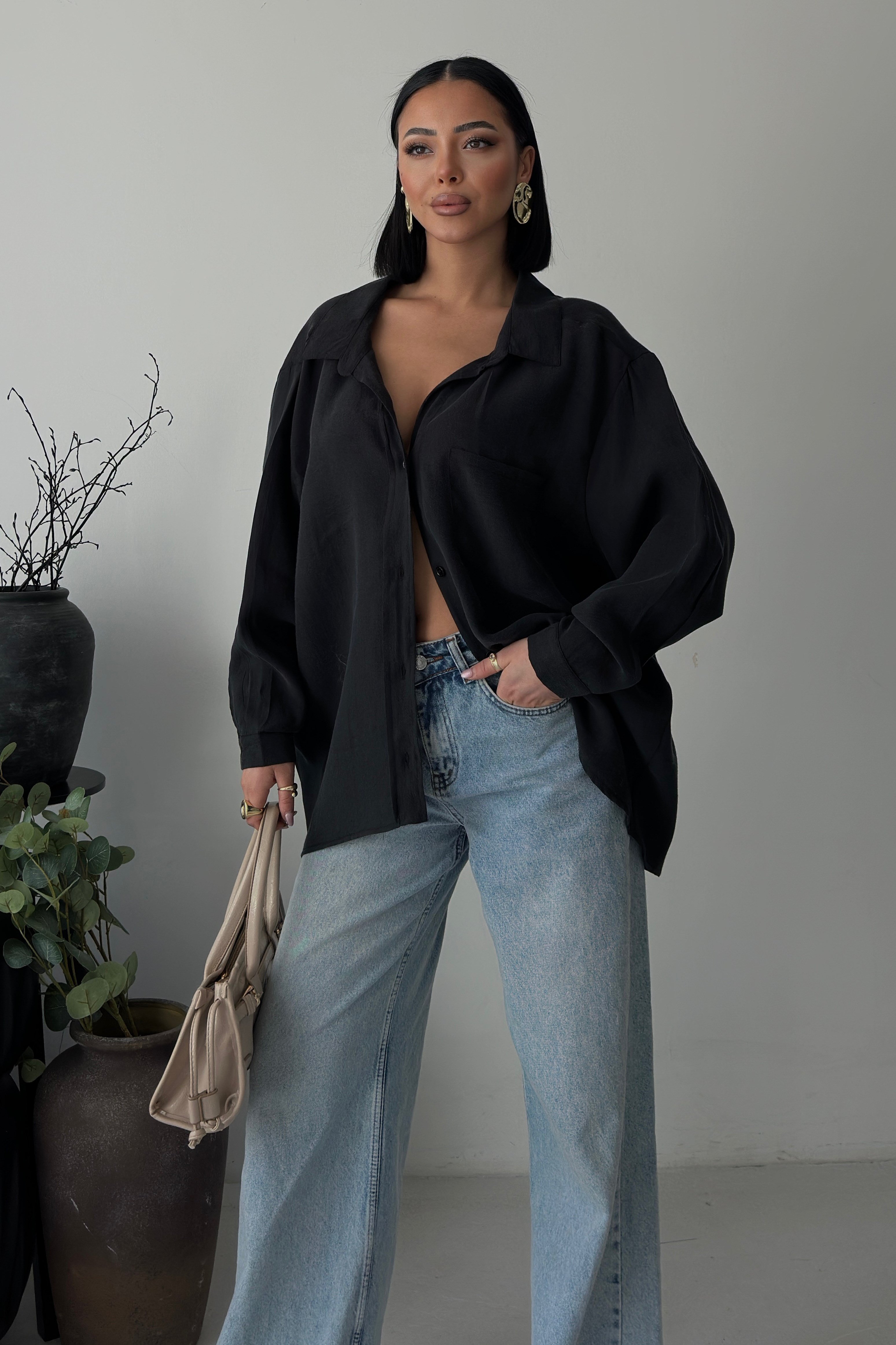 S6Y3510DKSiyah Oversize Keten Gömlek 3510