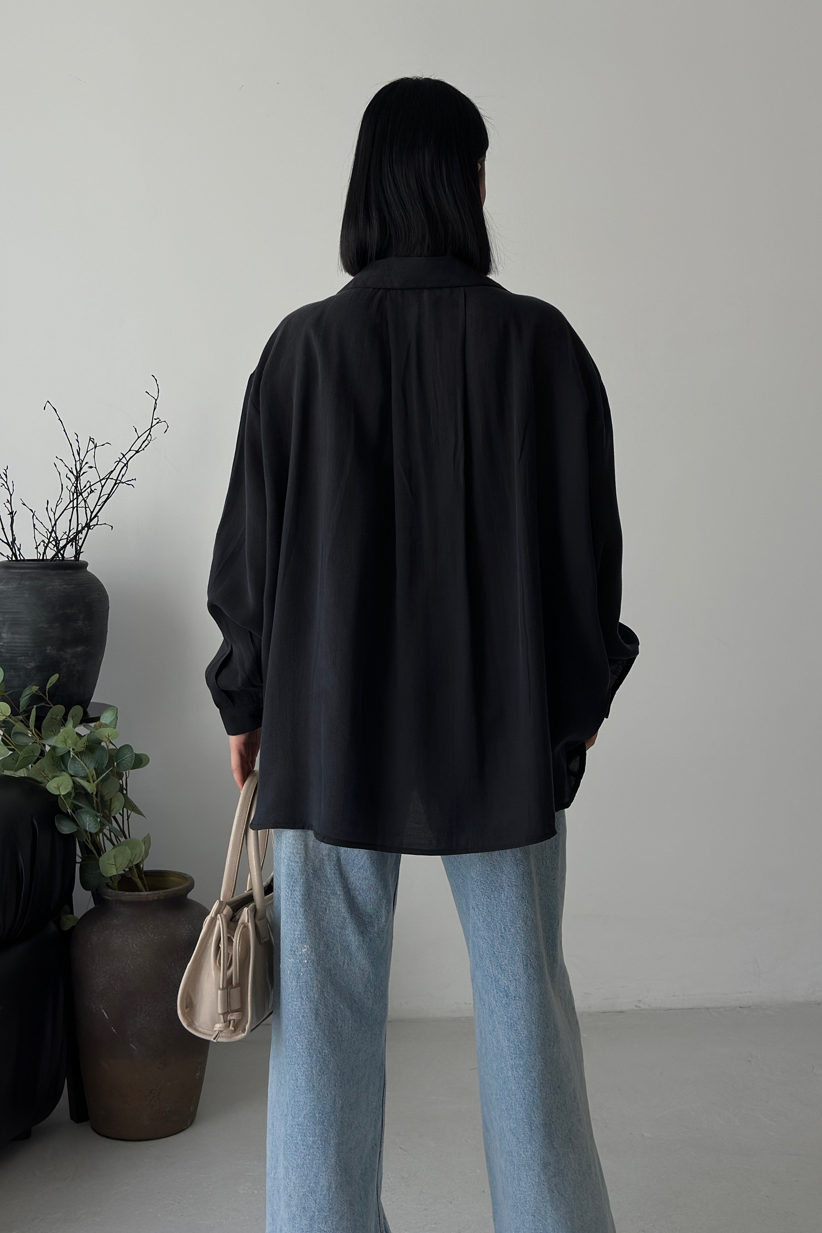 S6Y3510DKSiyah Oversize Keten Gömlek 3510