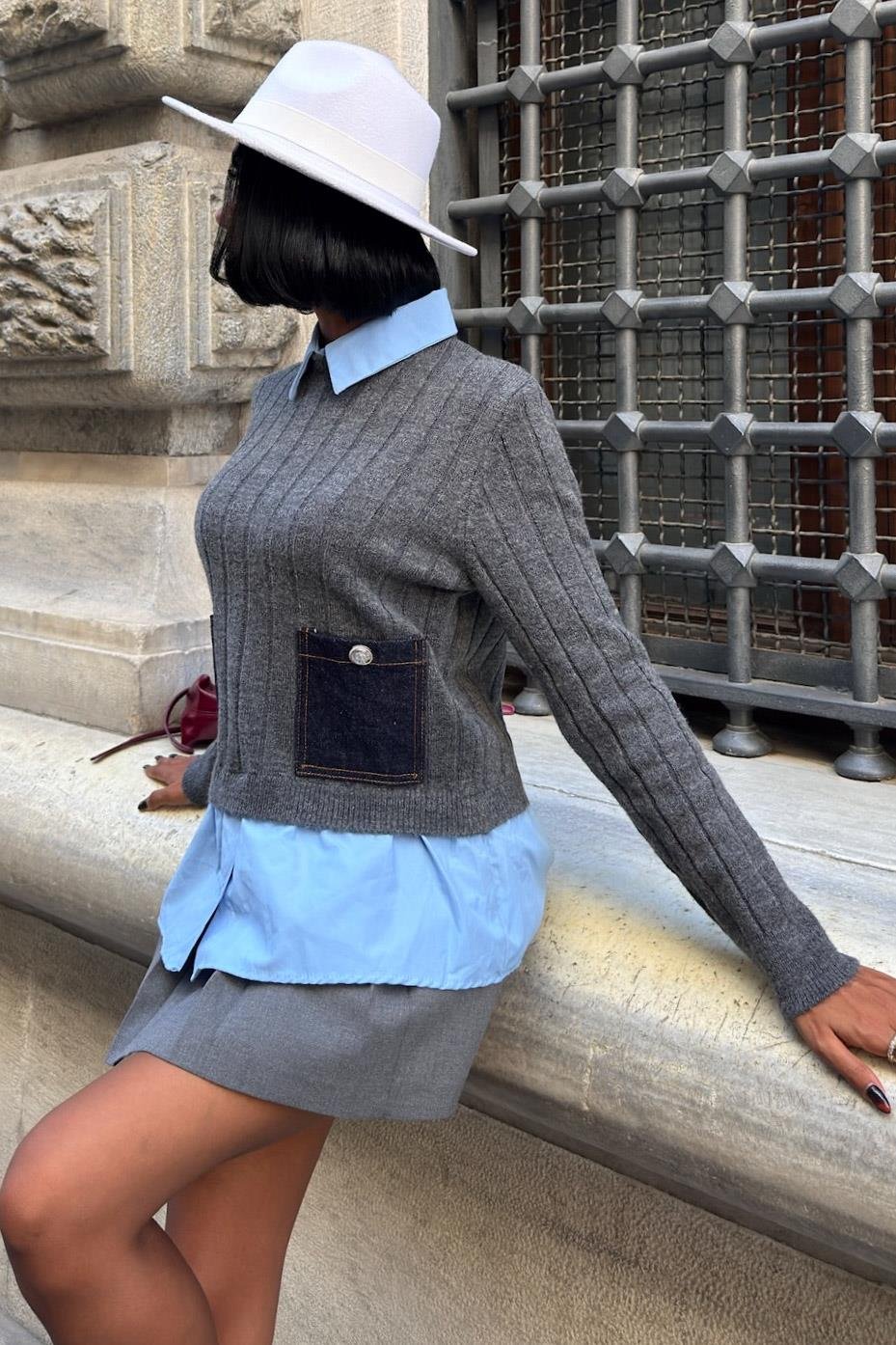 S6K1374Poplin ve Denim Garnili Triko Kazak 1374