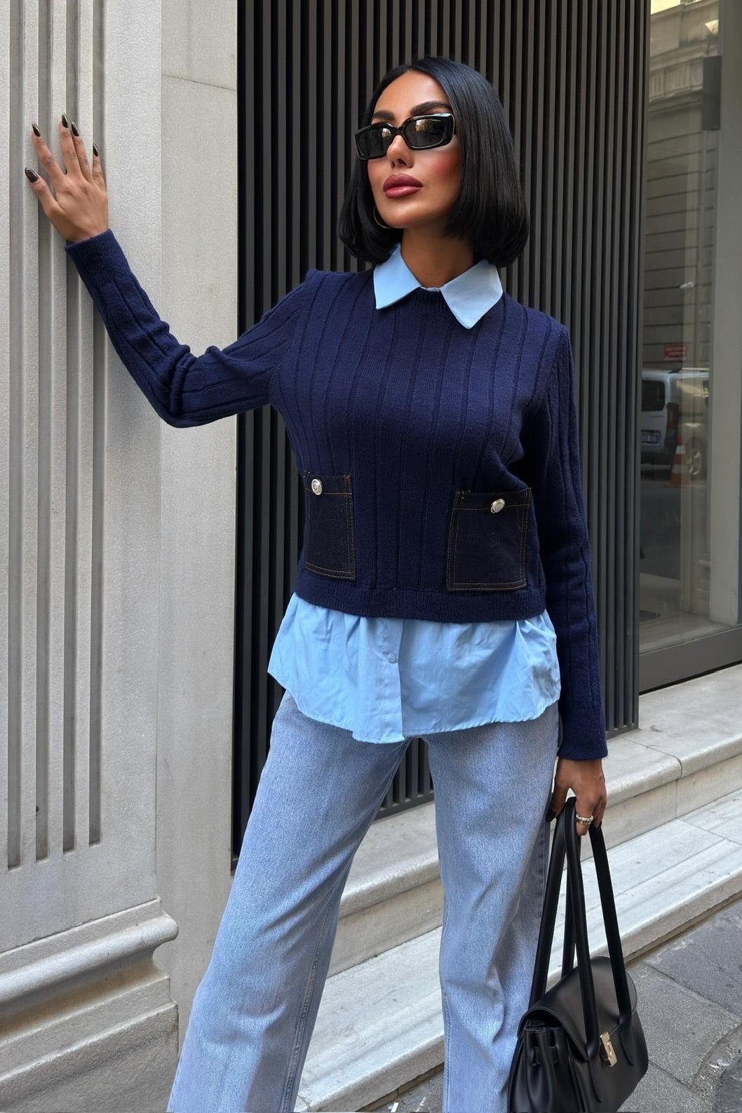 S6K1374Poplin ve Denim Garnili Triko Kazak 1374