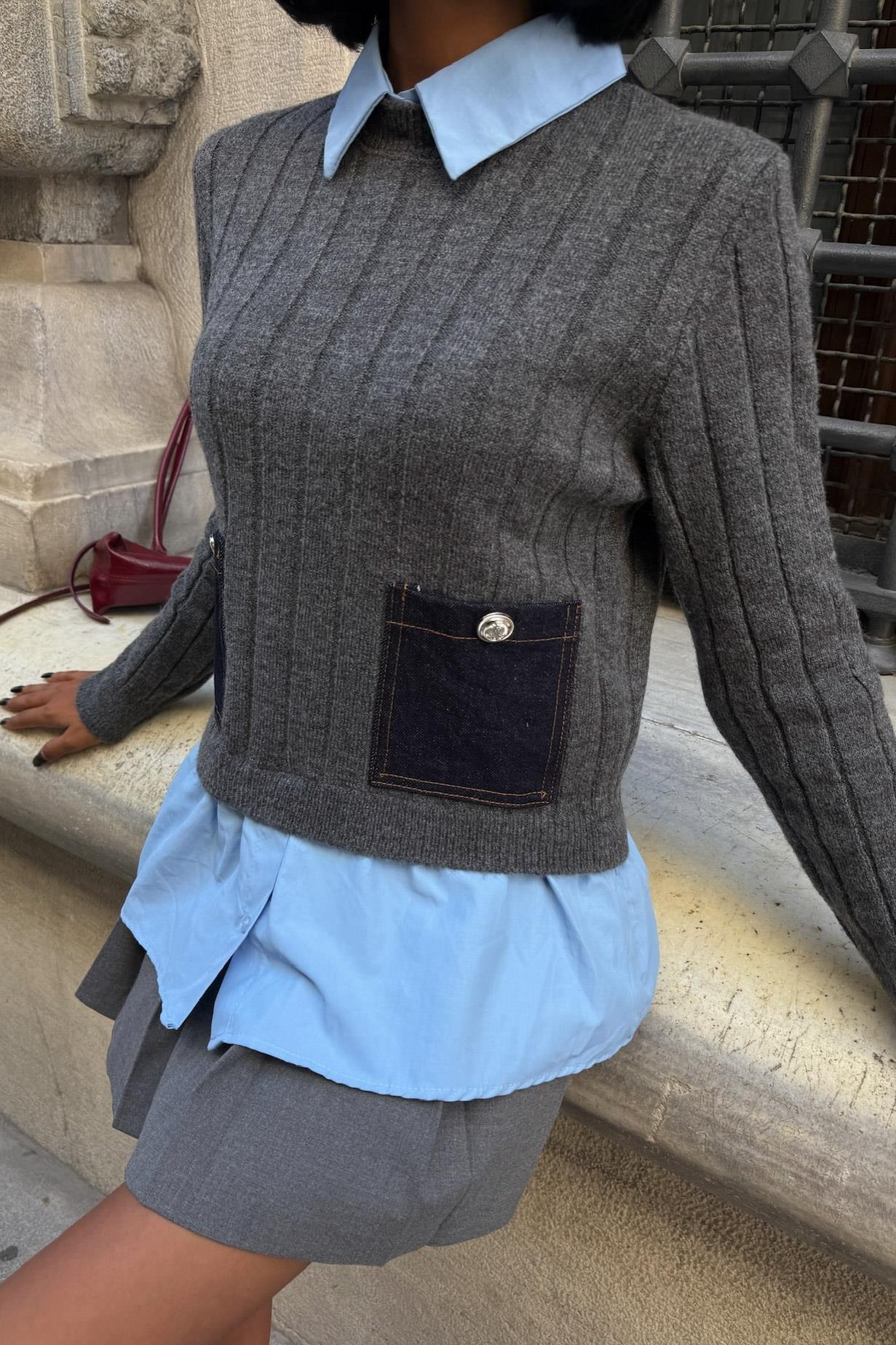 S6K1374Poplin ve Denim Garnili Triko Kazak 1374