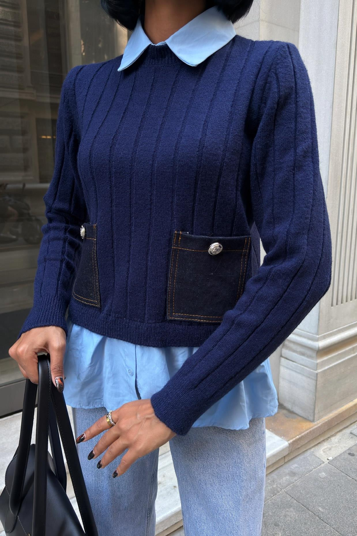 S6K1374Poplin ve Denim Garnili Triko Kazak 1374