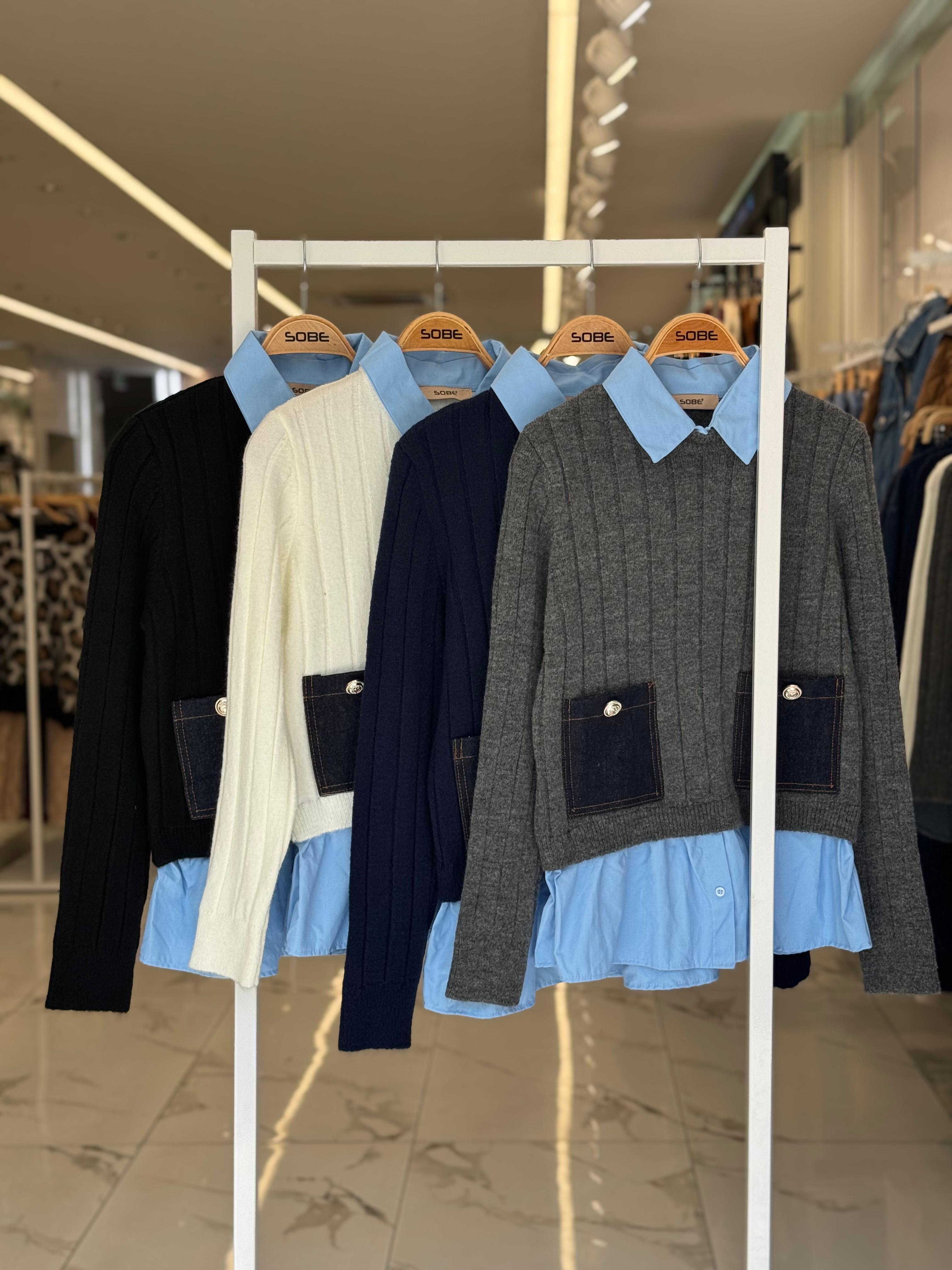 S6K1374Poplin ve Denim Garnili Triko Kazak 1374