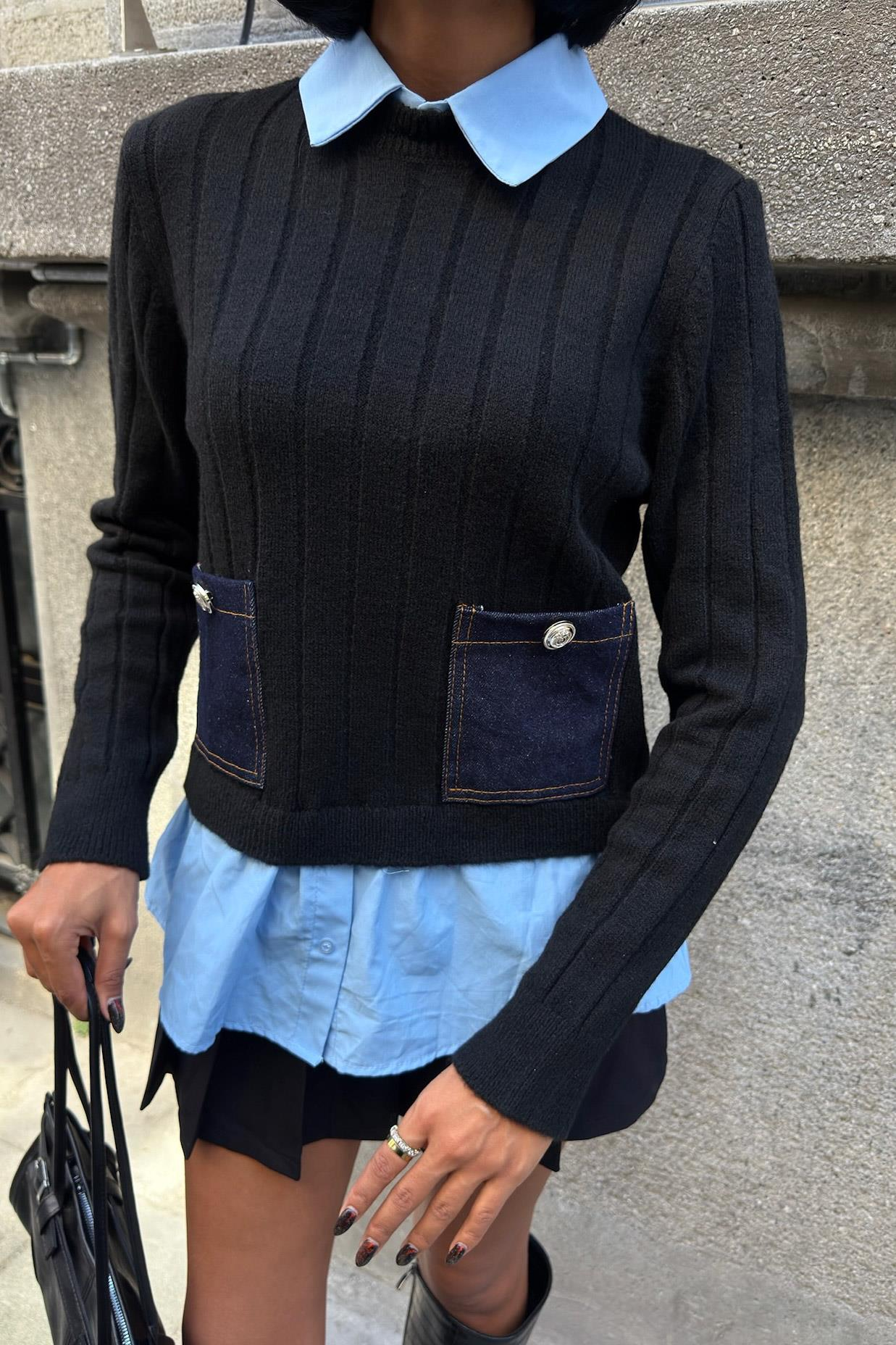 S6K1374Poplin ve Denim Garnili Triko Kazak 1374