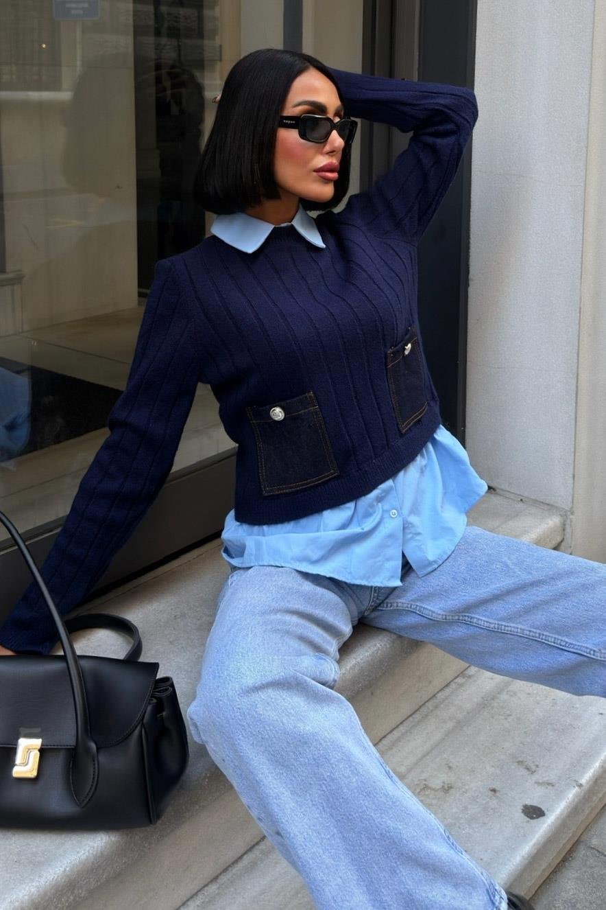 S6K1374Poplin ve Denim Garnili Triko Kazak 1374