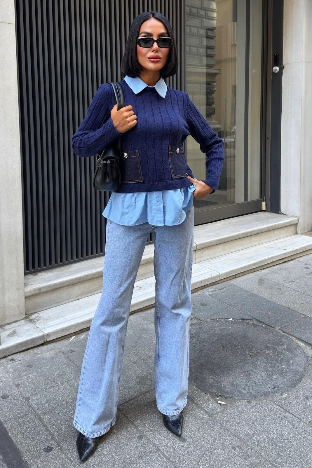 S6K1374Poplin ve Denim Garnili Triko Kazak 1374