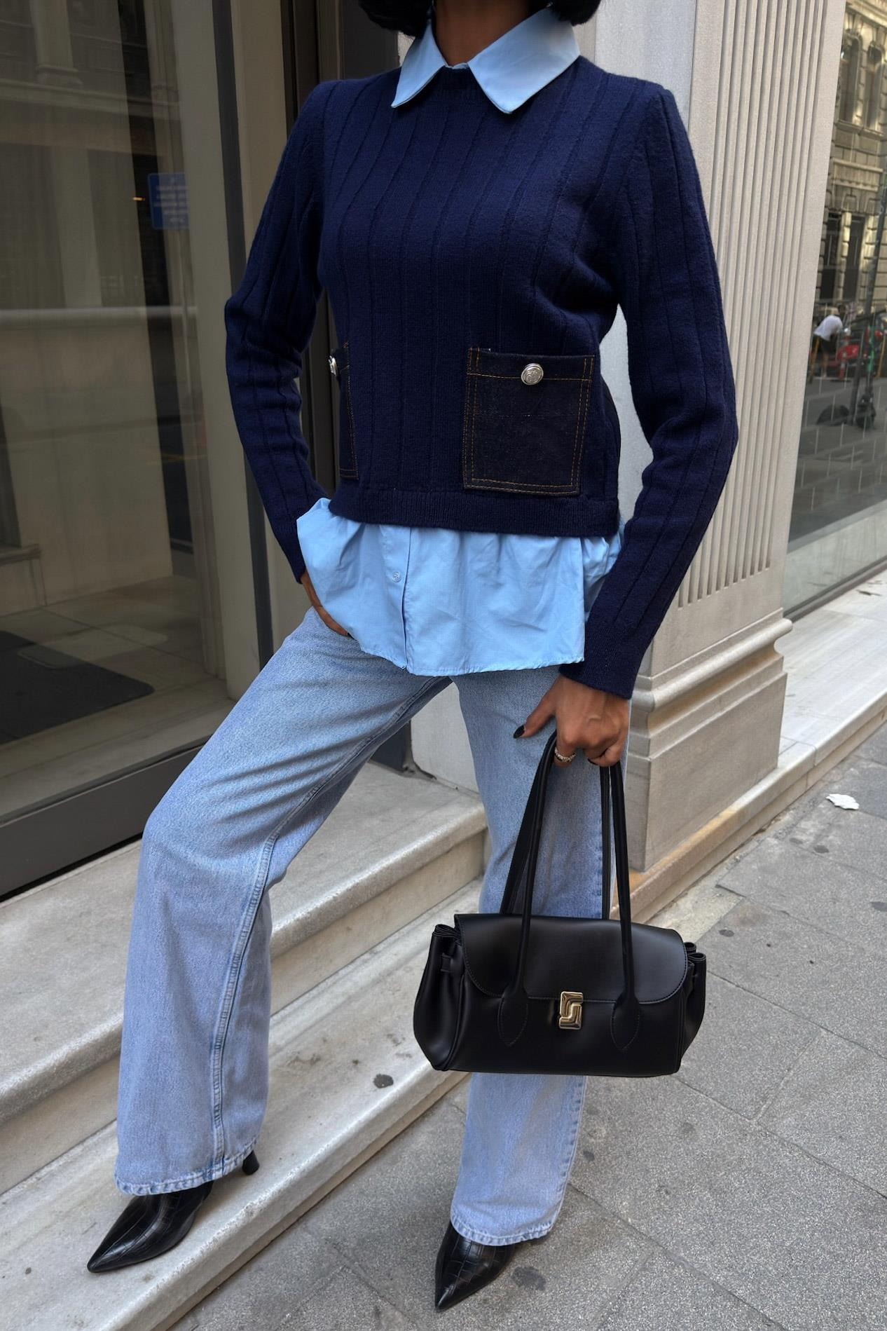 S6K1374Poplin ve Denim Garnili Triko Kazak 1374