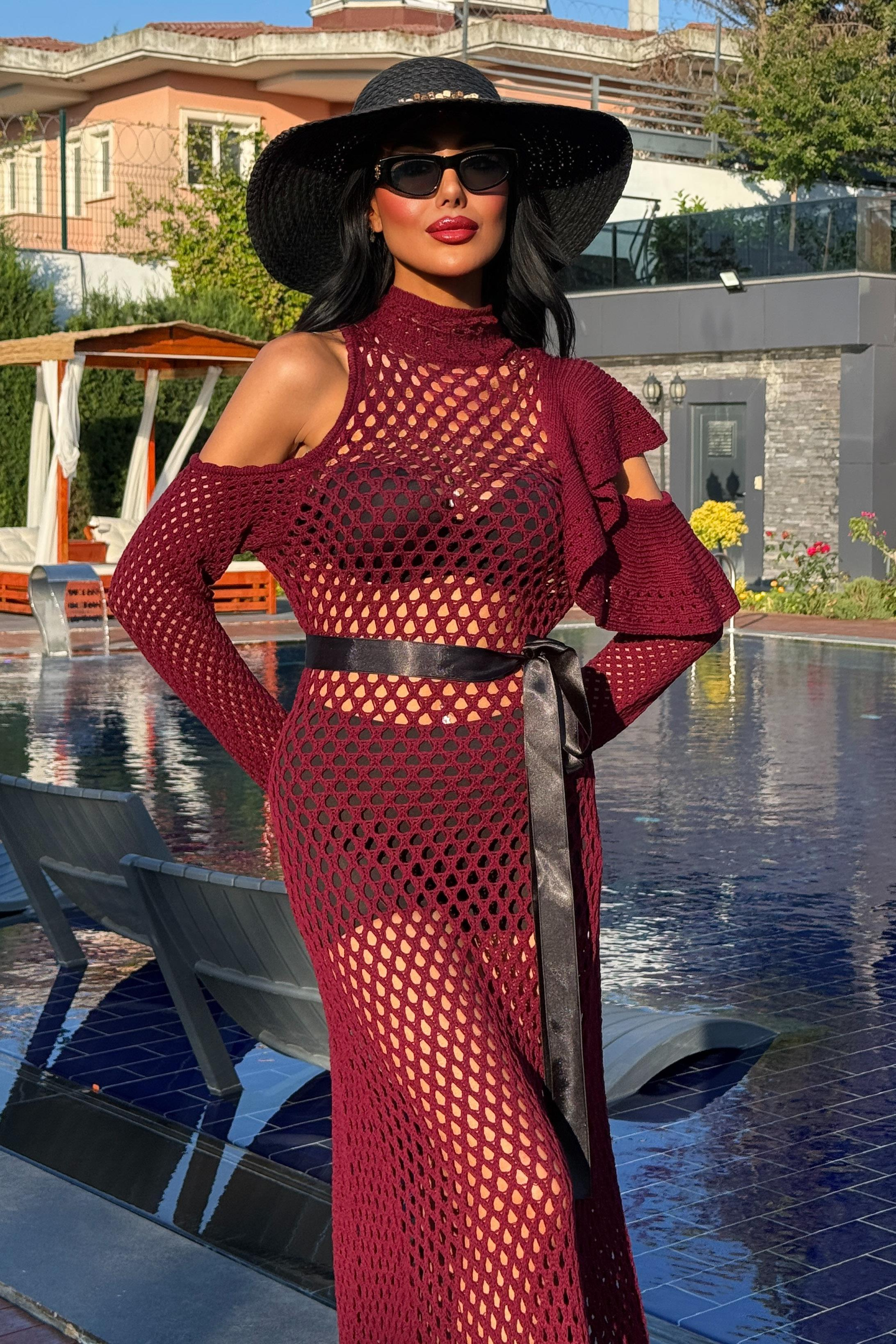 S5Y2847Satin Belted Openwork Knit Dress 2847