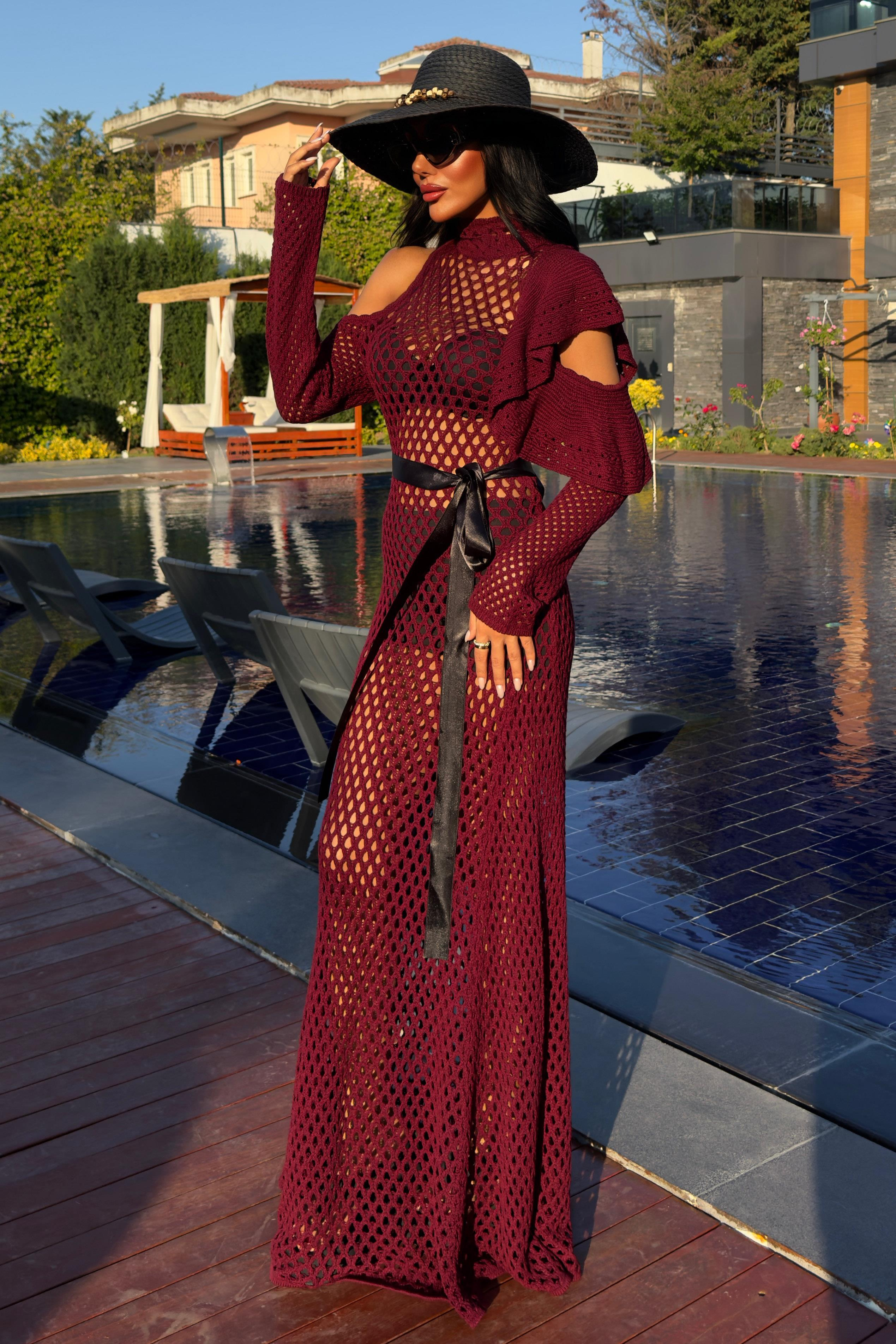 S5Y2847Satin Belted Openwork Knit Dress 2847