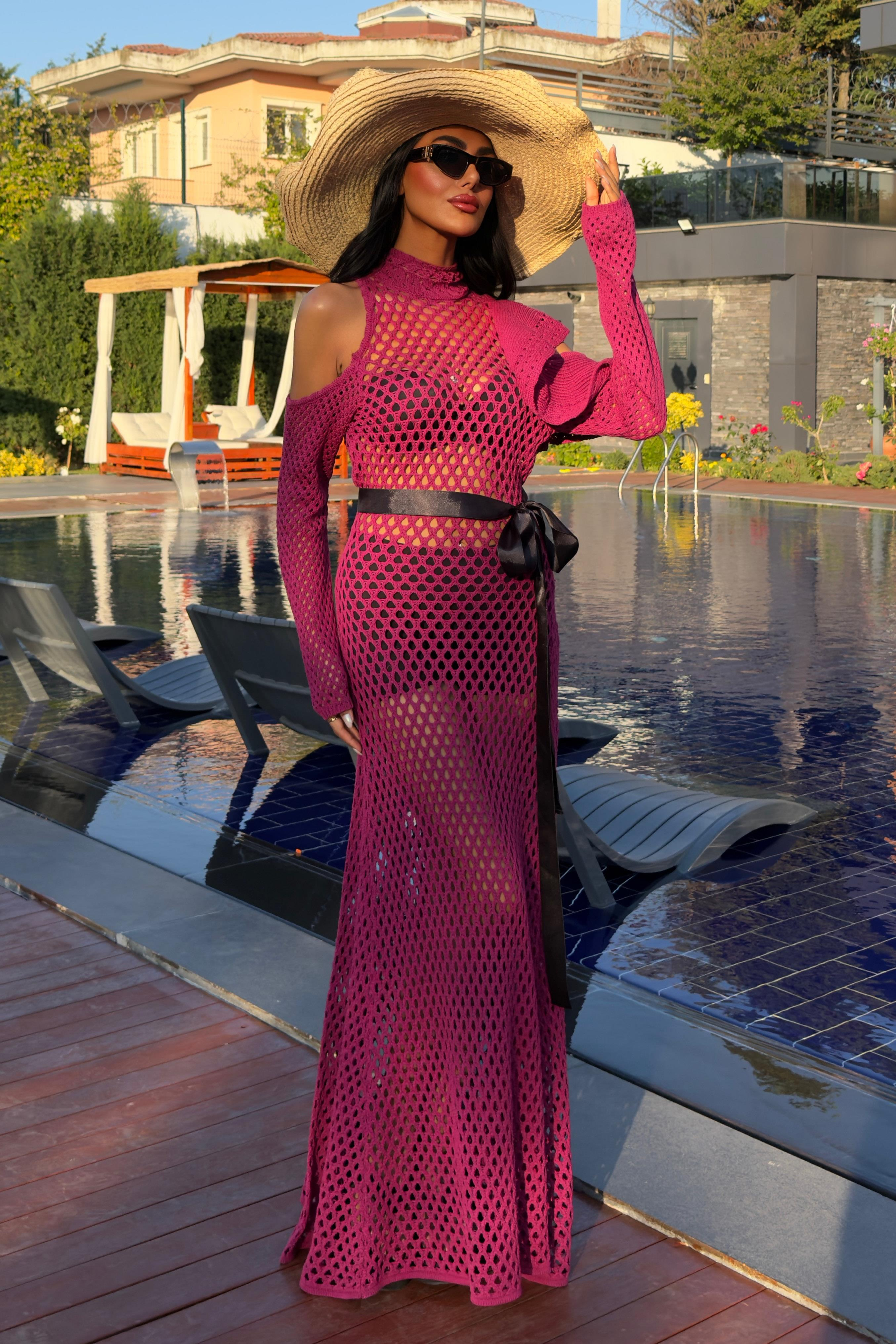 S5Y2847Satin Belted Openwork Knit Dress 2847