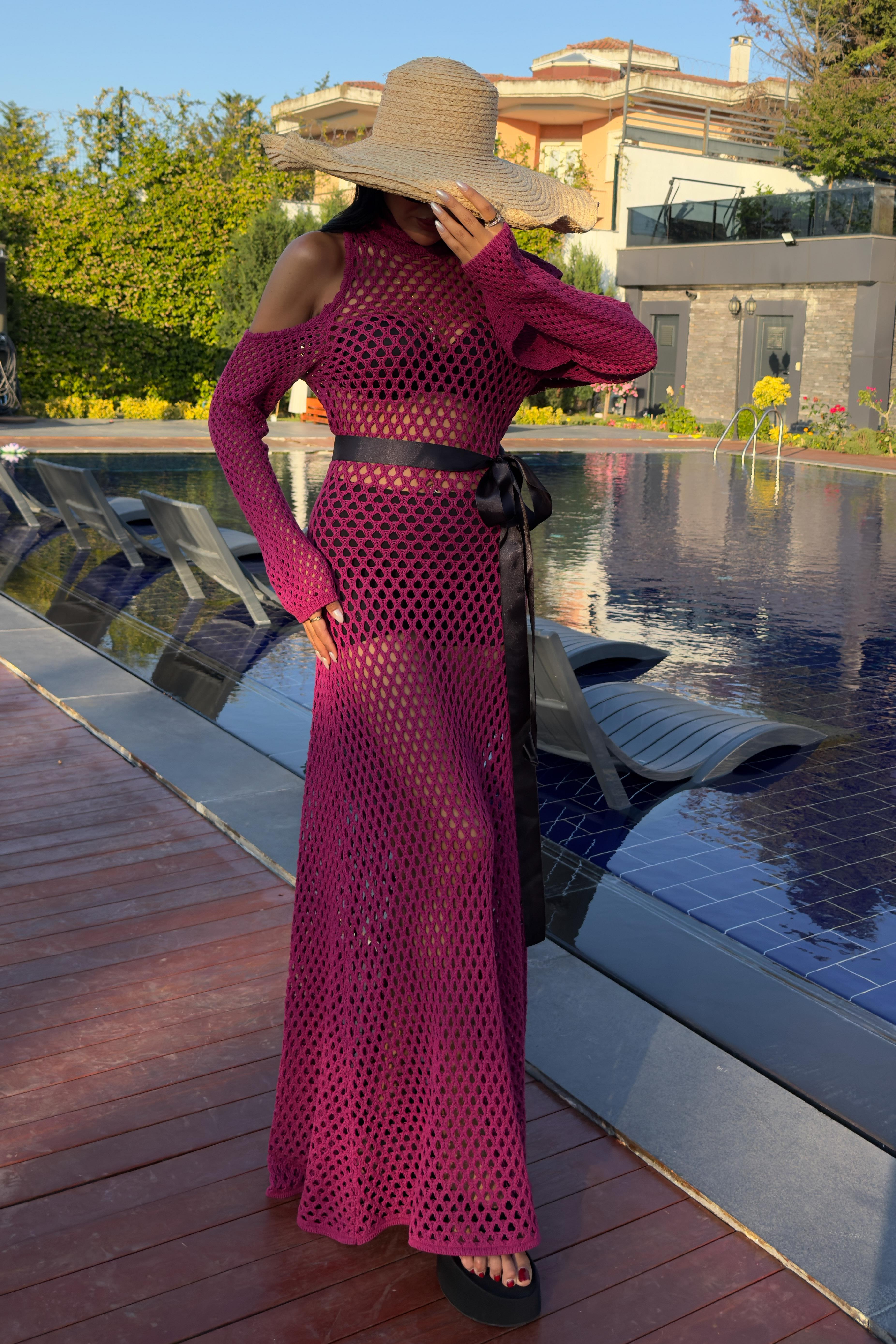 S5Y2847Satin Belted Openwork Knit Dress 2847