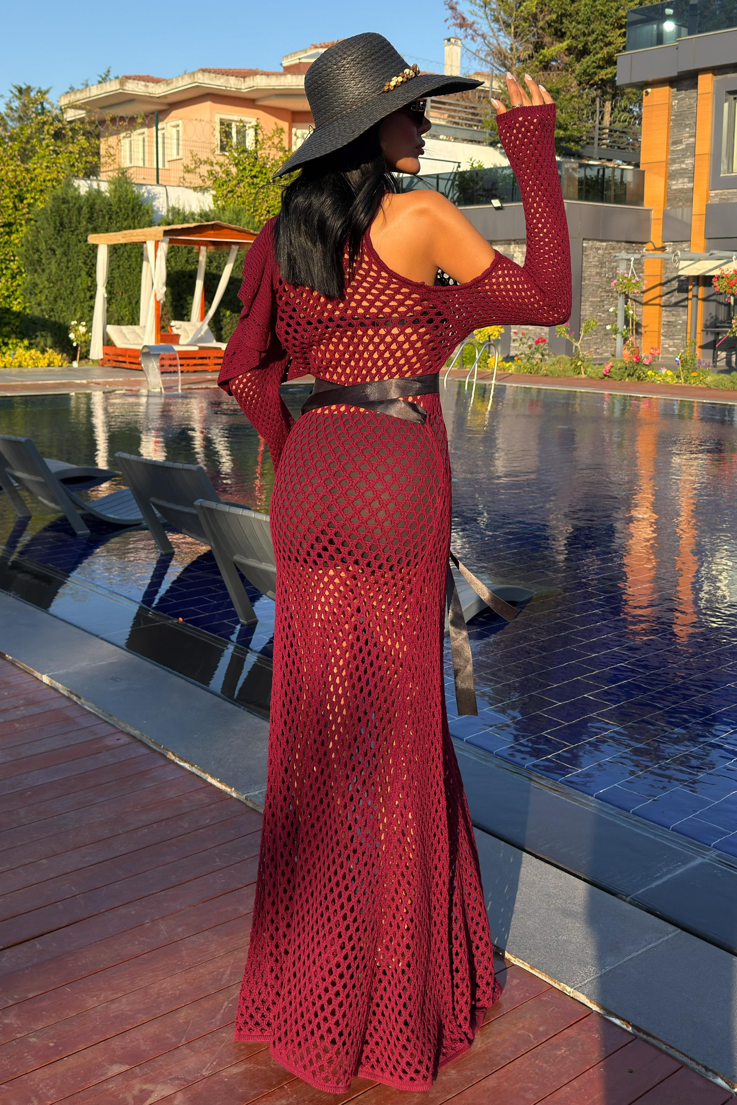 S5Y2847Satin Belted Openwork Knit Dress 2847