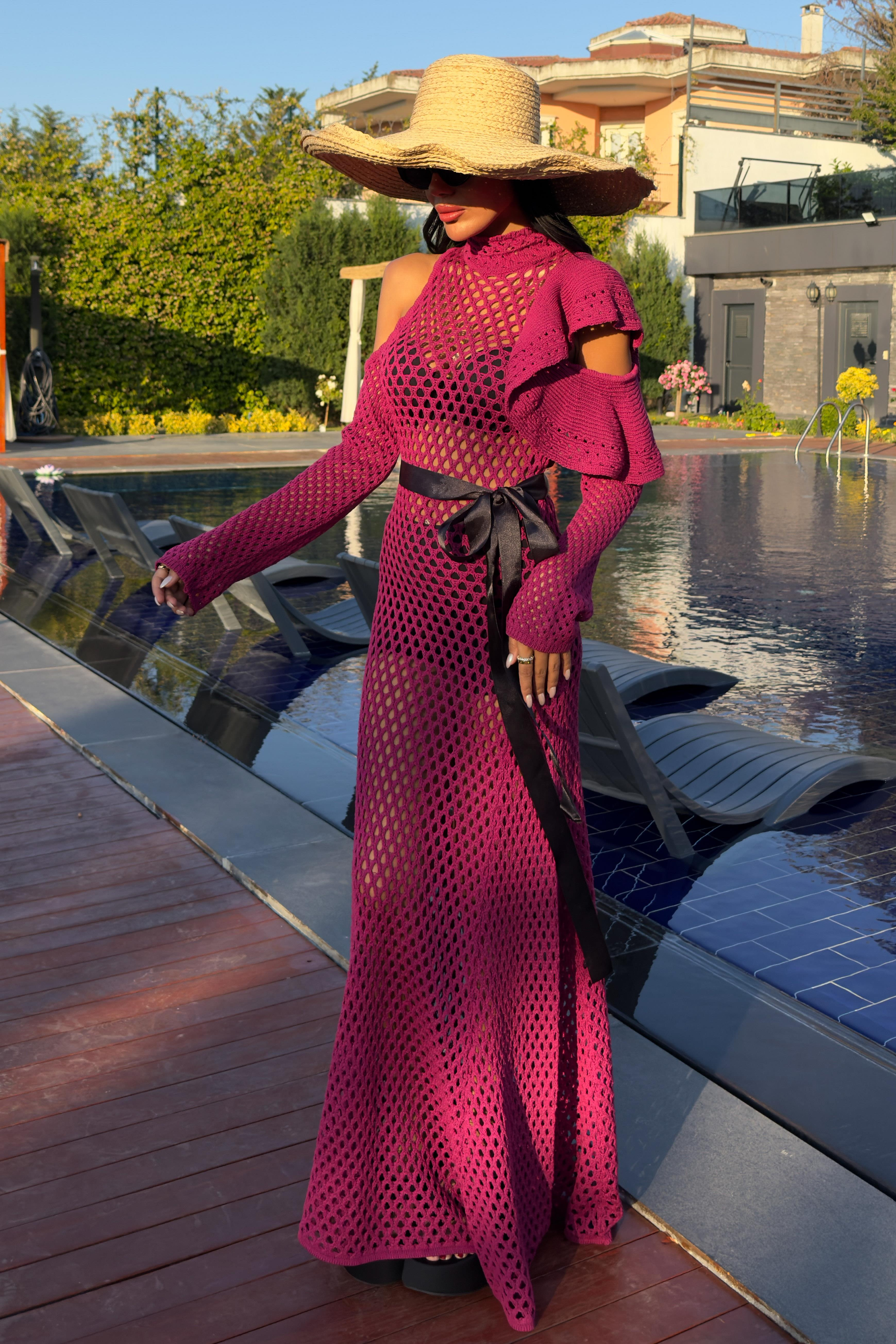 S5Y2847Satin Belted Openwork Knit Dress 2847