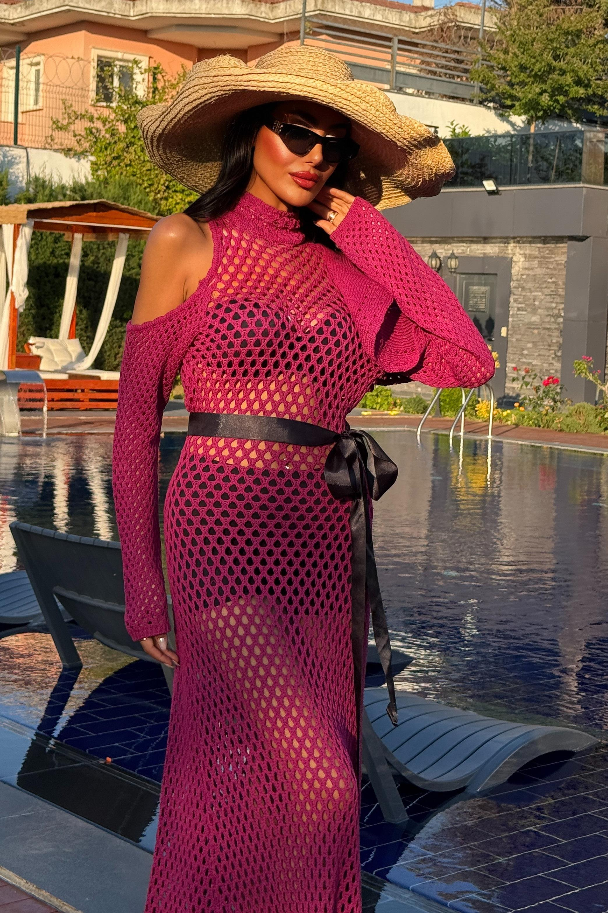 S5Y2847Satin Belted Openwork Knit Dress 2847