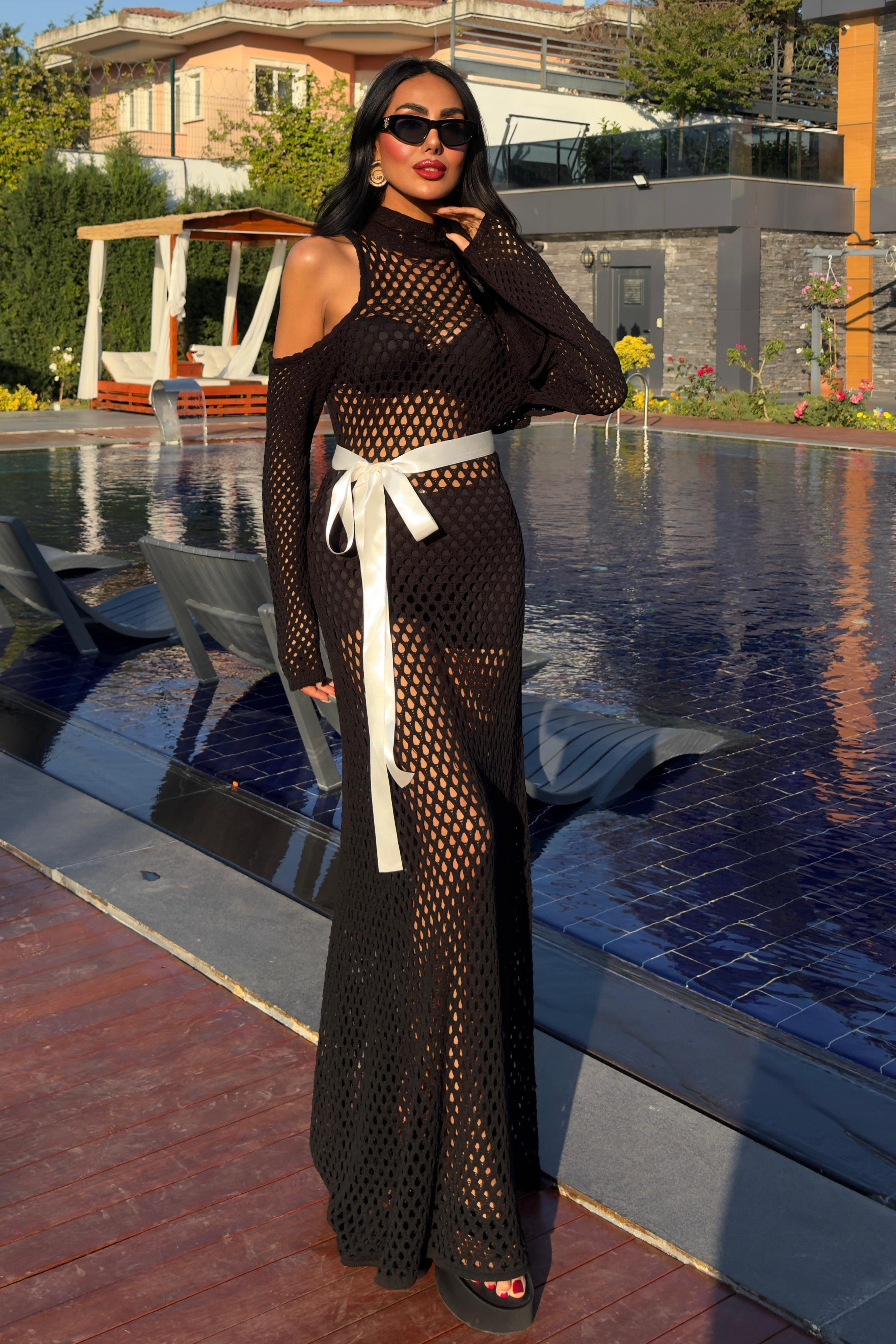 S5Y2847Satin Belted Openwork Knit Dress 2847