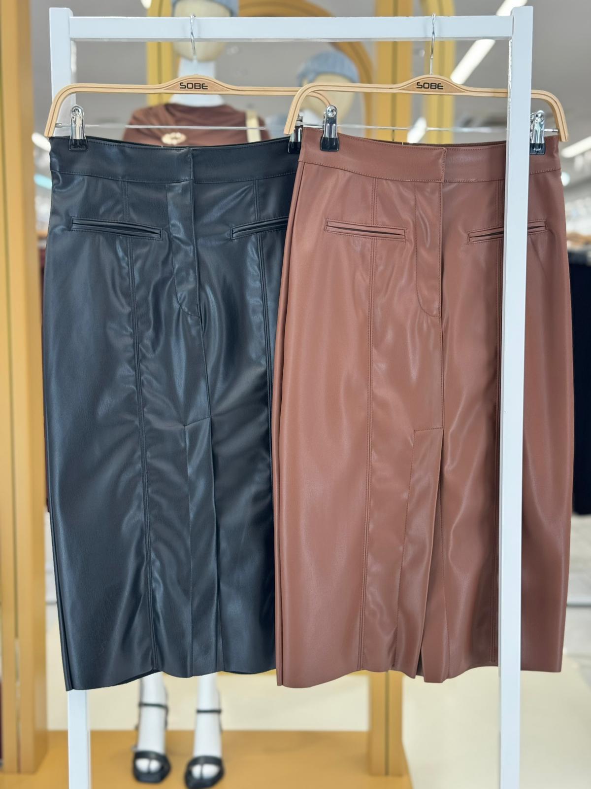 S6K4053Yırtmaçlı Deri Midi Boy Etek 4053